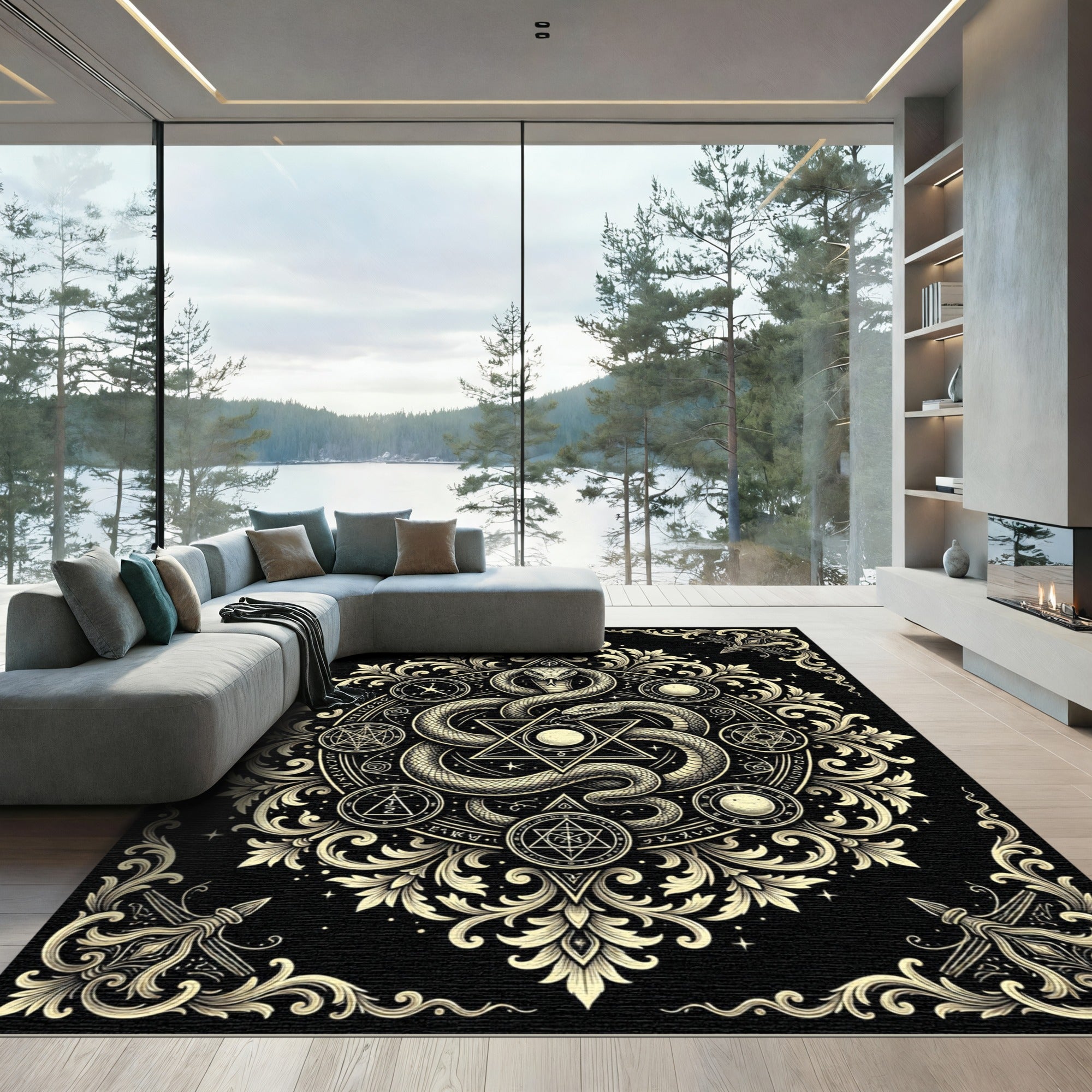 Golden Serpent Occult Hexagram Emblem Rug