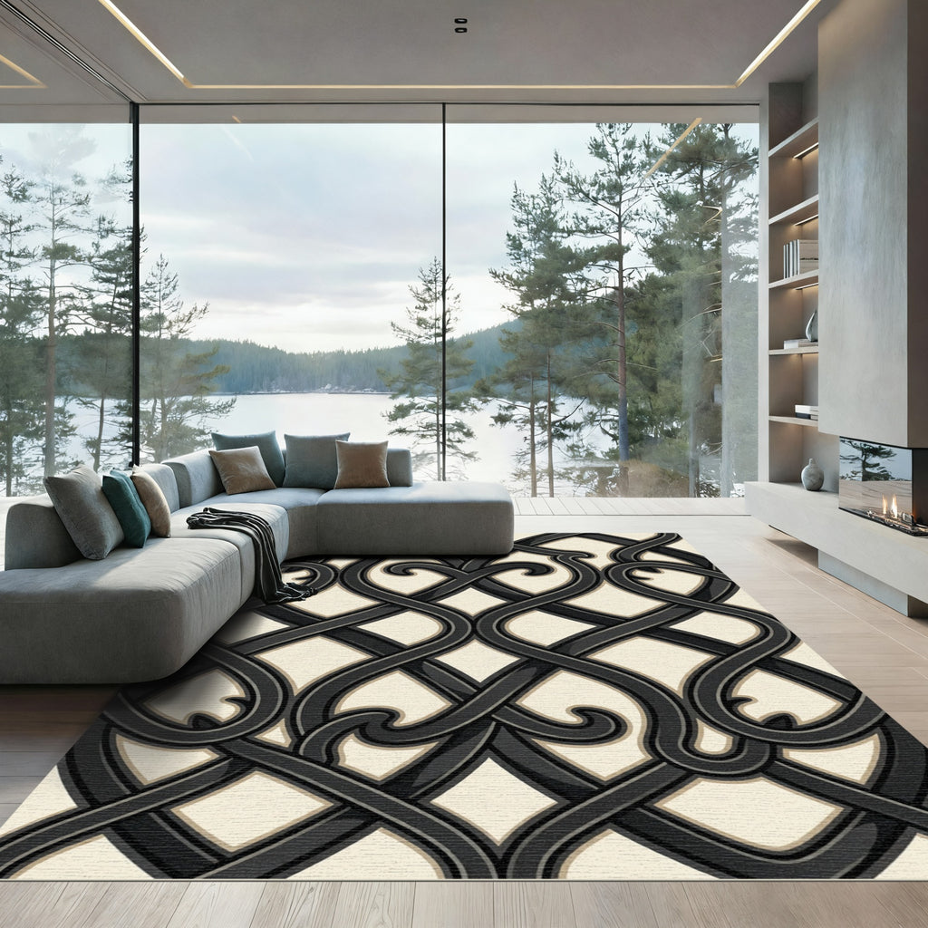 Elegant Monochromatic Iron Scrollwork Interlace Rug