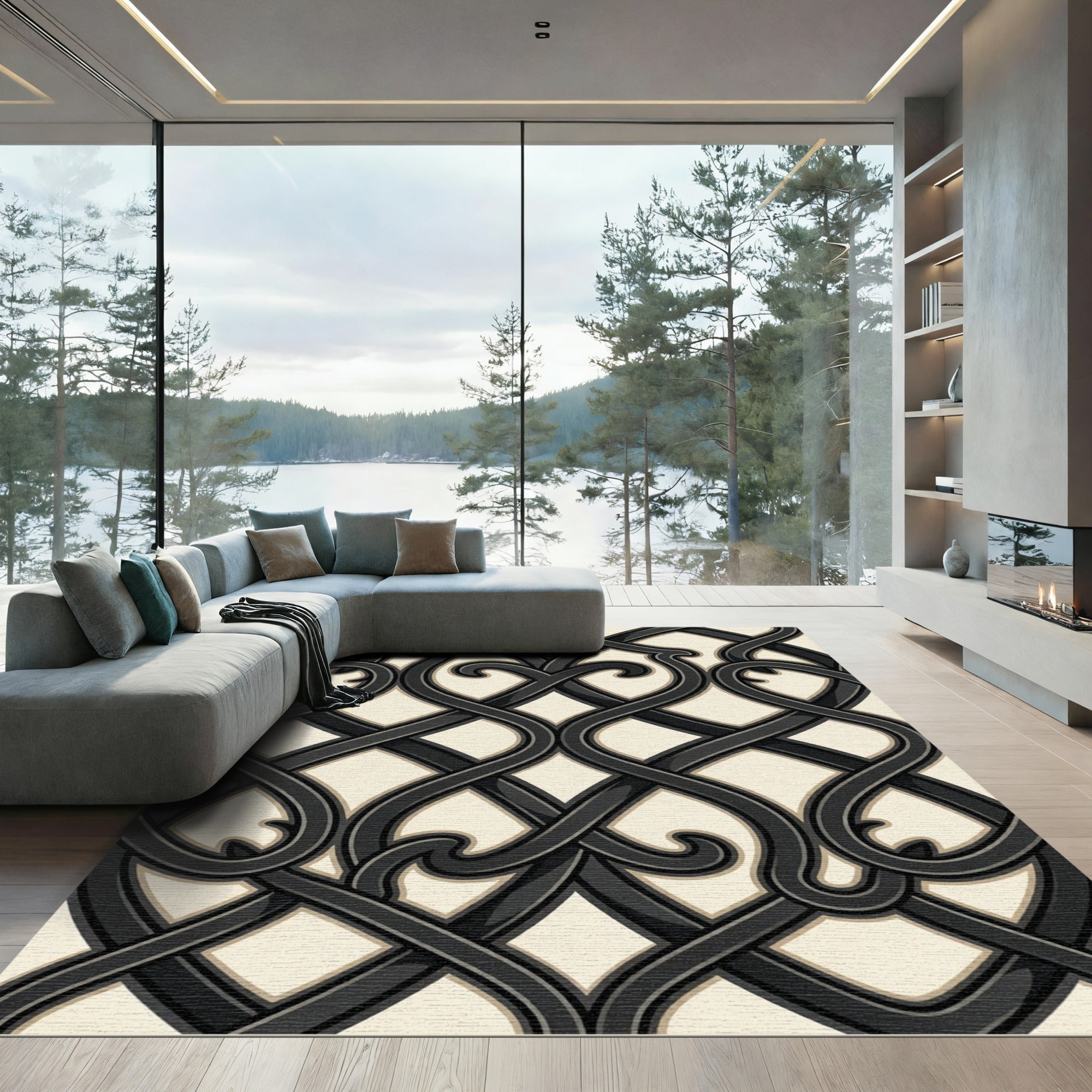 Elegant Monochromatic Iron Scrollwork Interlace Rug