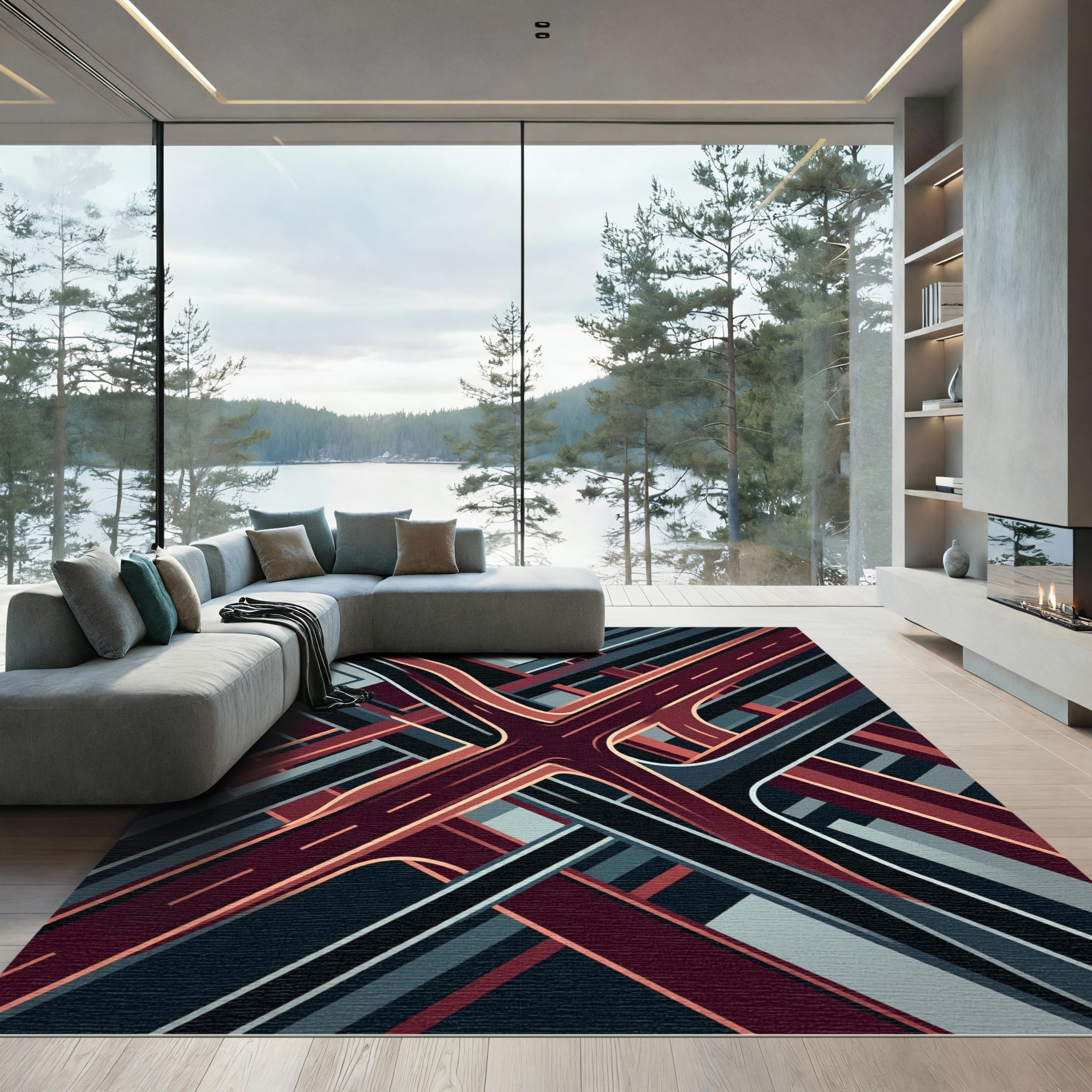Geometric Crimson Overpass Abstract Art Rug