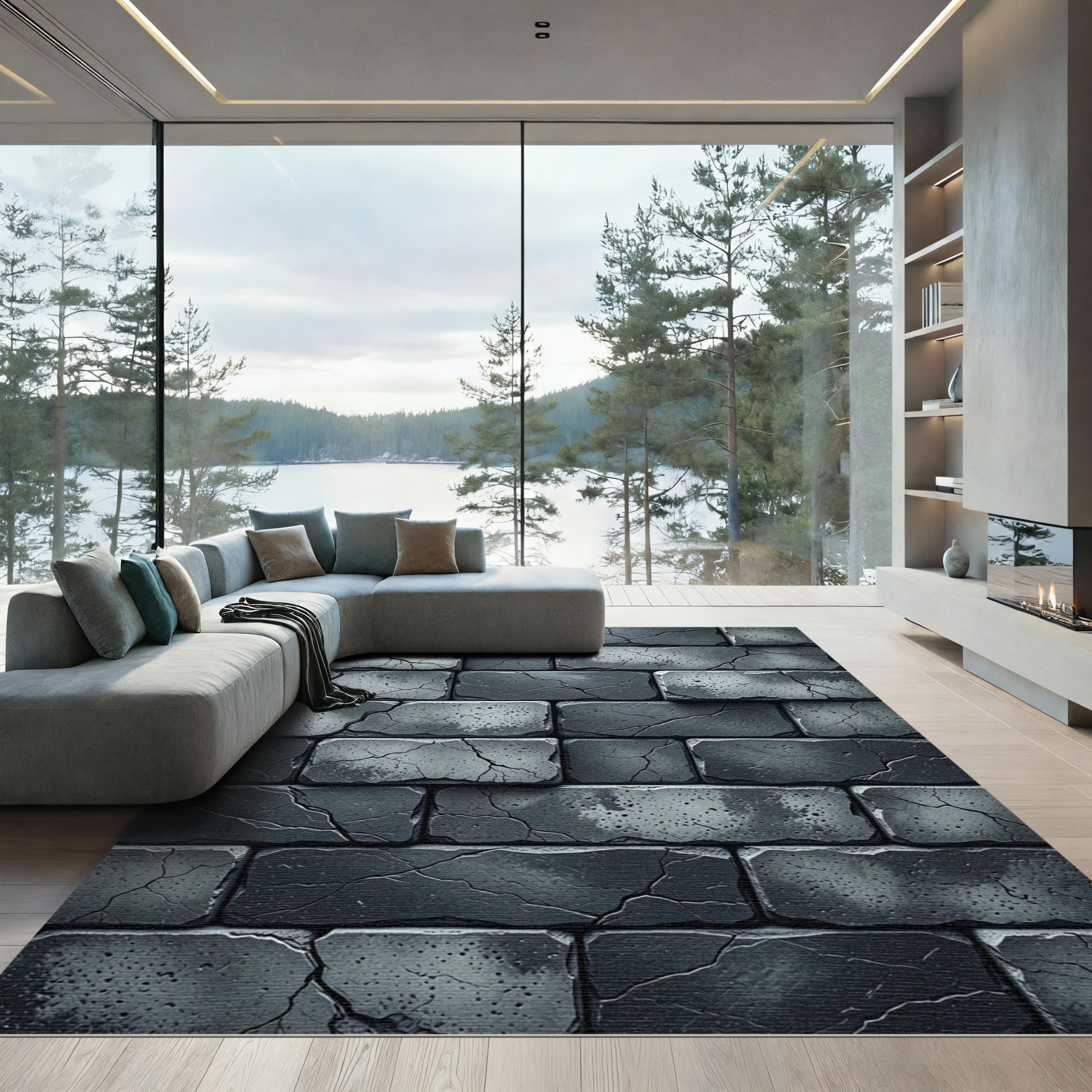Charcoal Cracked Brick Texture Rug