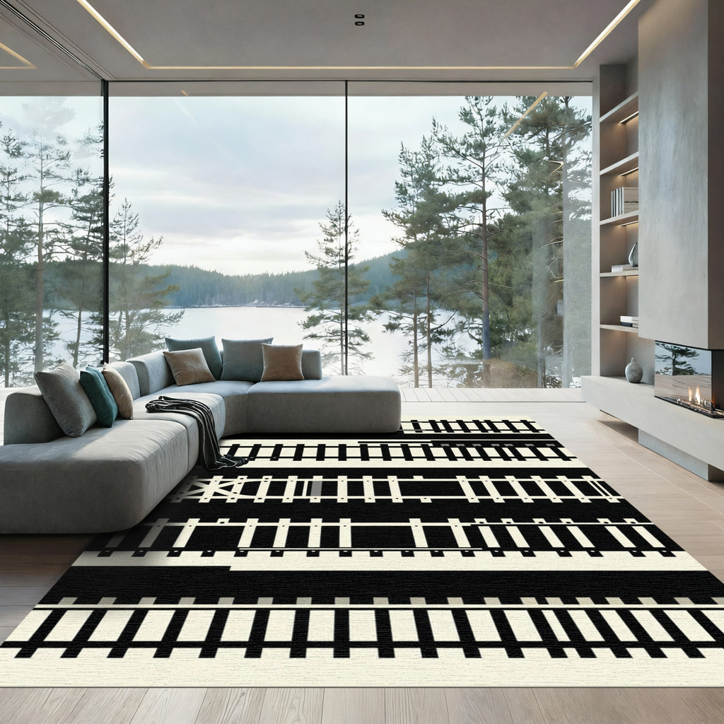 Monochrome Minimalist Geometric Railway Stripe Rug