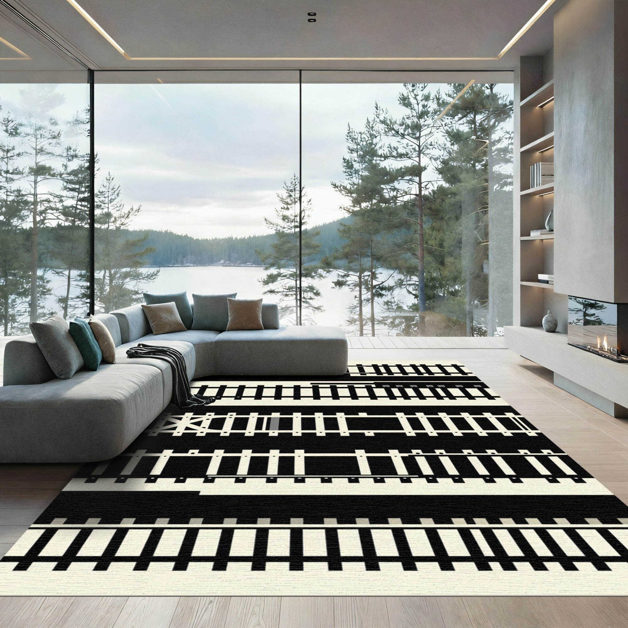 Monochrome Minimalist Geometric Railway Stripe Rug