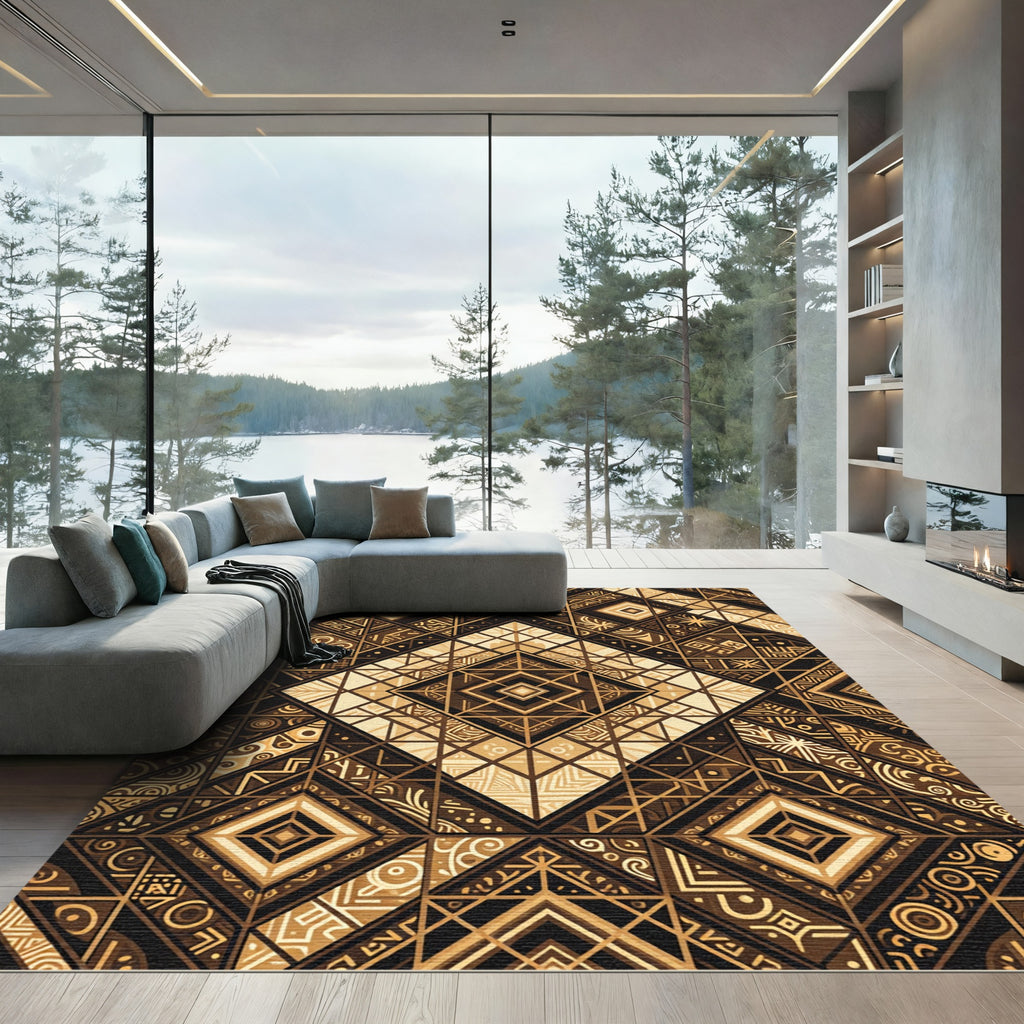 Golden Earth Tone Tribal Diamond Geometry Rug