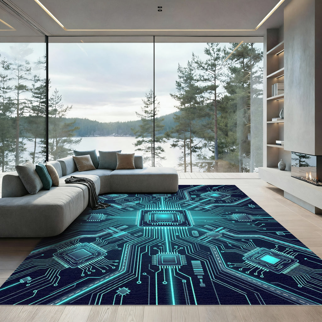 Luminous Blue Cyber Circuit Grid Rug
