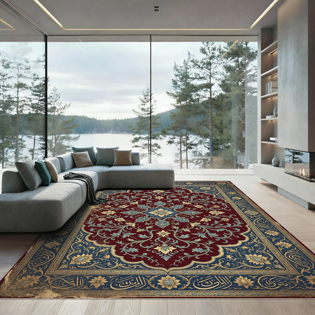 Crimson Blue Golden Medallion Floral Rug
