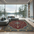 Crimson Blue Golden Medallion Floral Rug