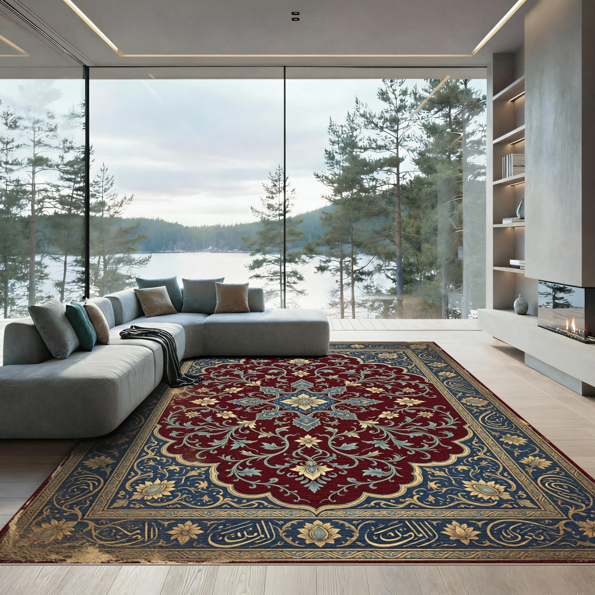 Crimson Blue Golden Medallion Floral Rug