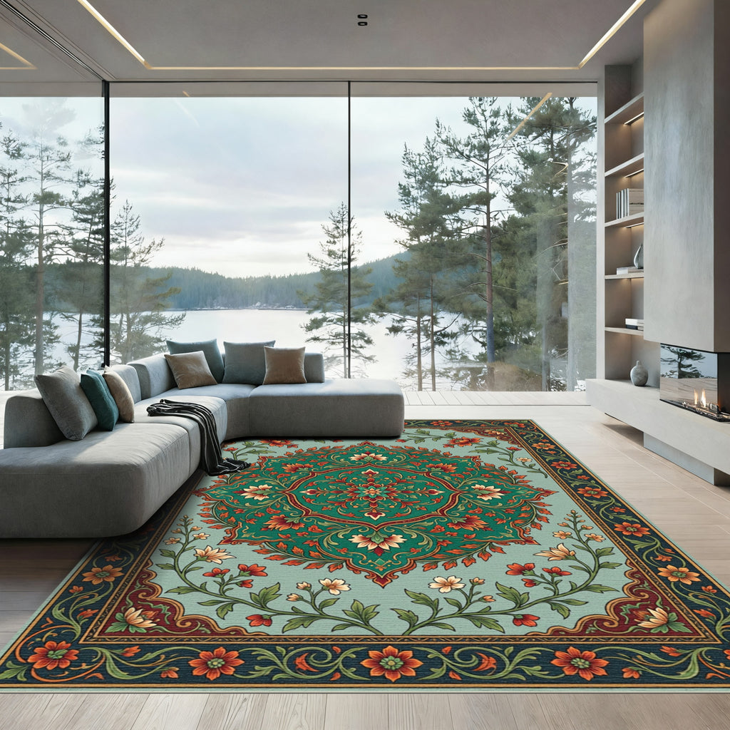 Ornate Teal Floral Medallion Rug