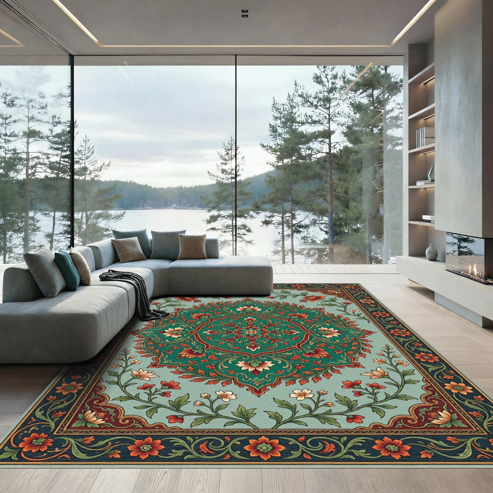 Ornate Teal Floral Medallion Rug