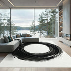 Abstract Black Brush Stroke Circle Rug