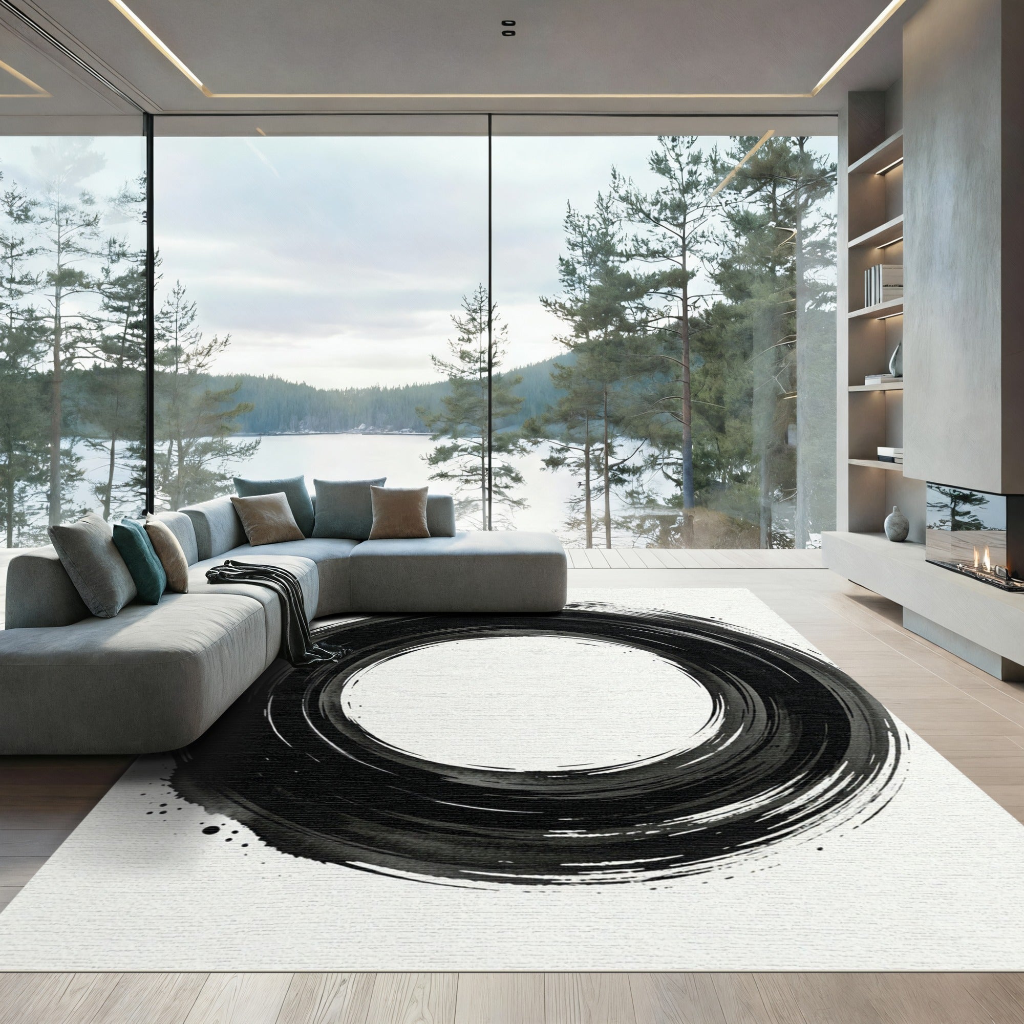 Abstract Black Brush Stroke Circle Rug
