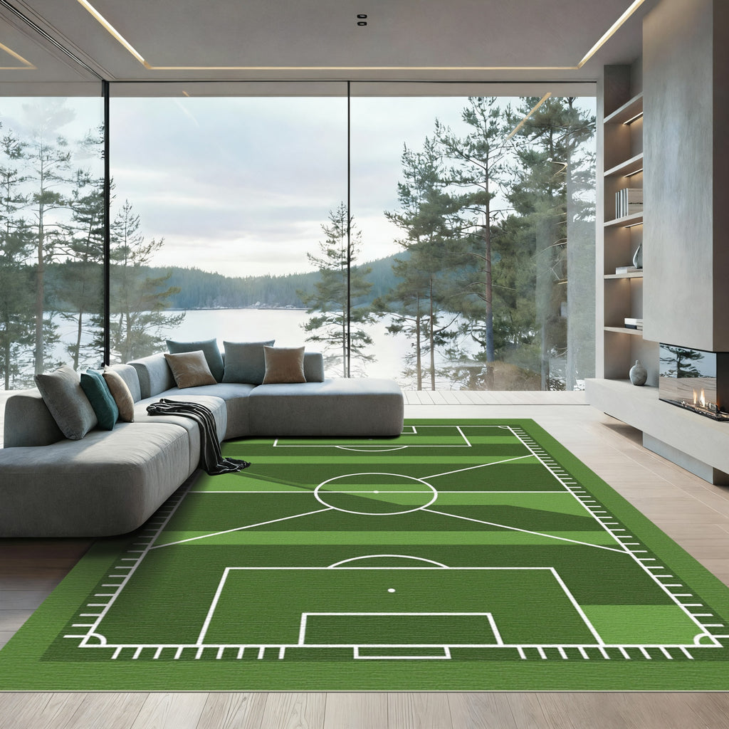 Modern Minimalist Green Soccer Field Pitch Rug