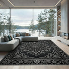 Elegant Monochrome Silver Floral Damask Rug