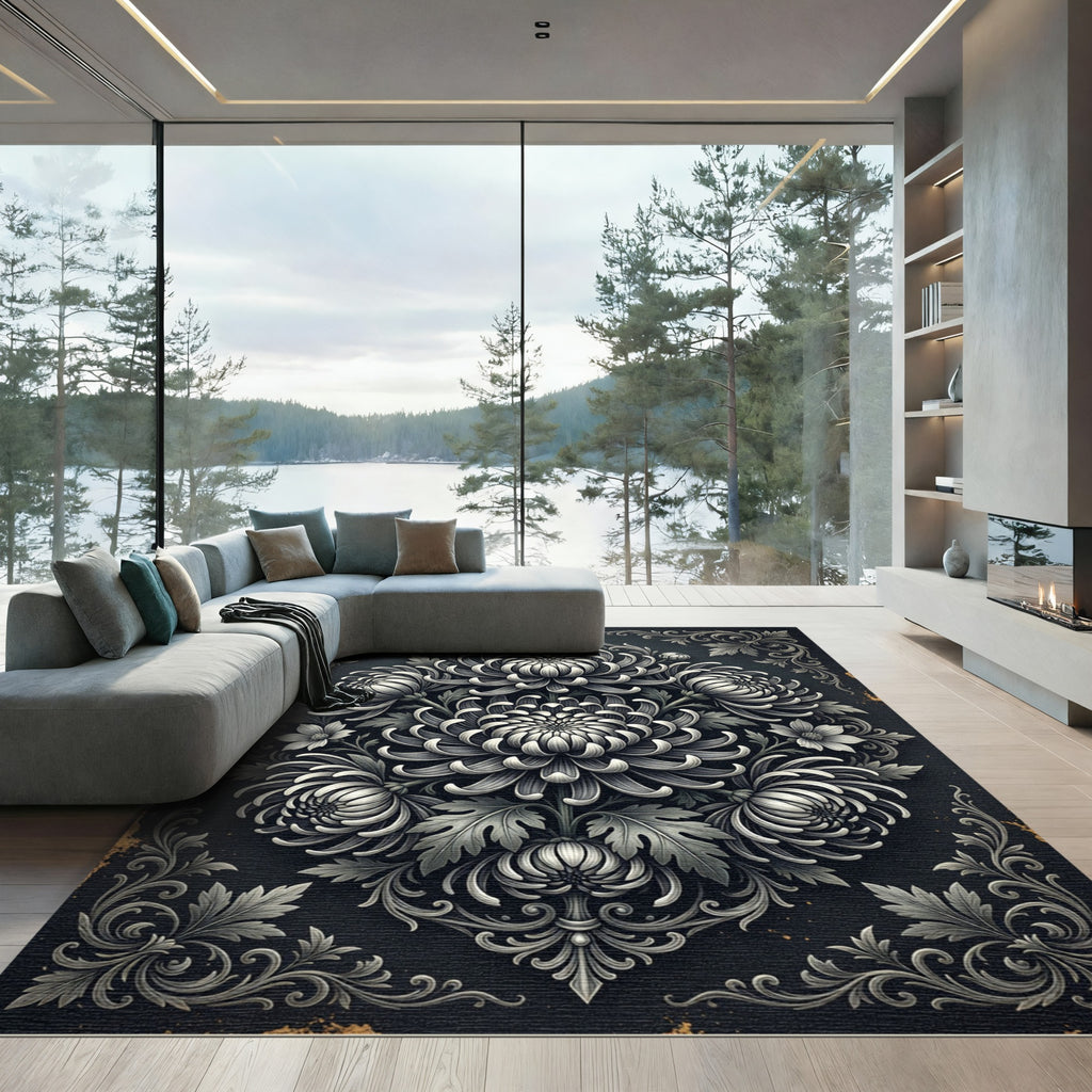 Monochromatic Chrysanthemum Floral Damask Medallion Rug