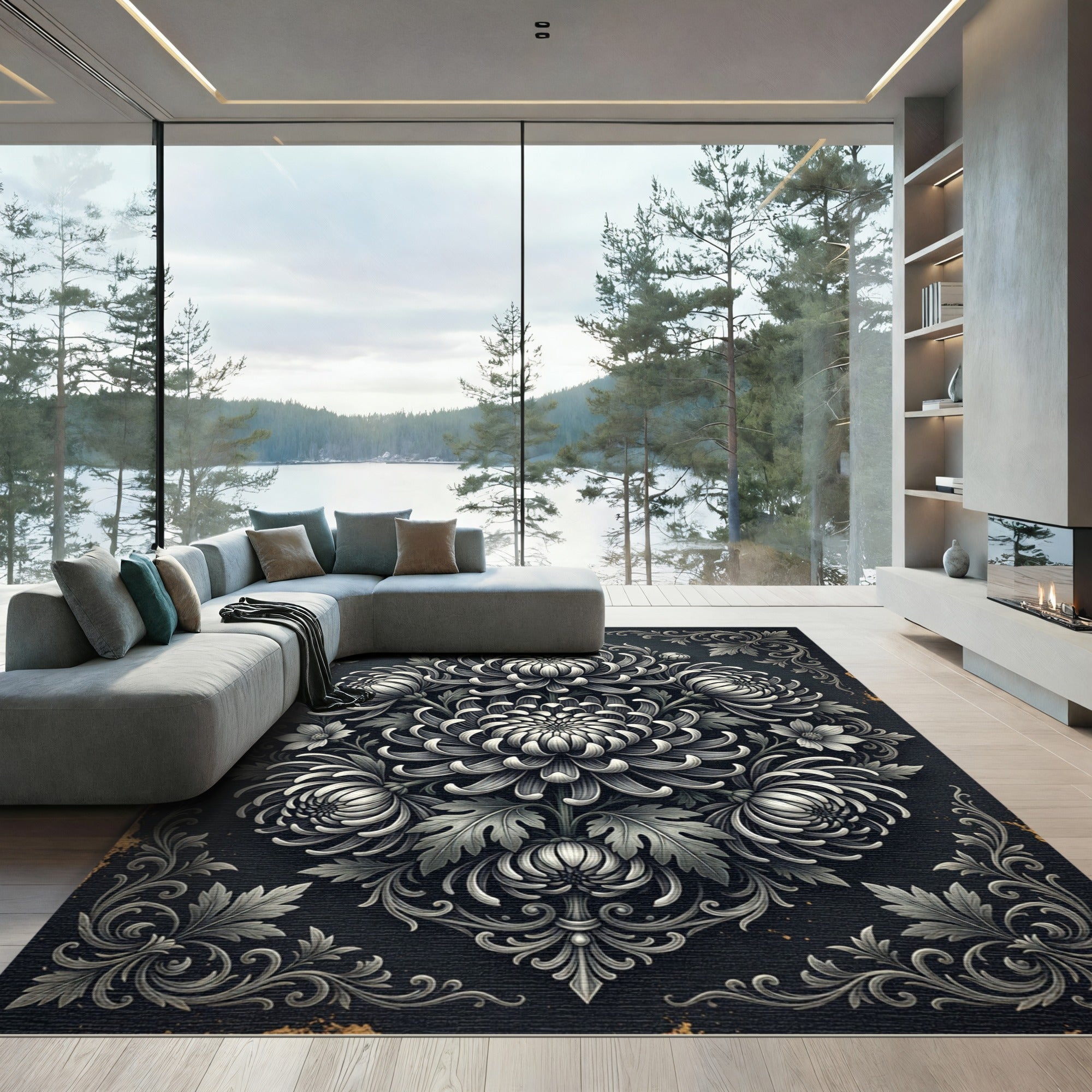 Monochromatic Chrysanthemum Floral Damask Medallion Rug