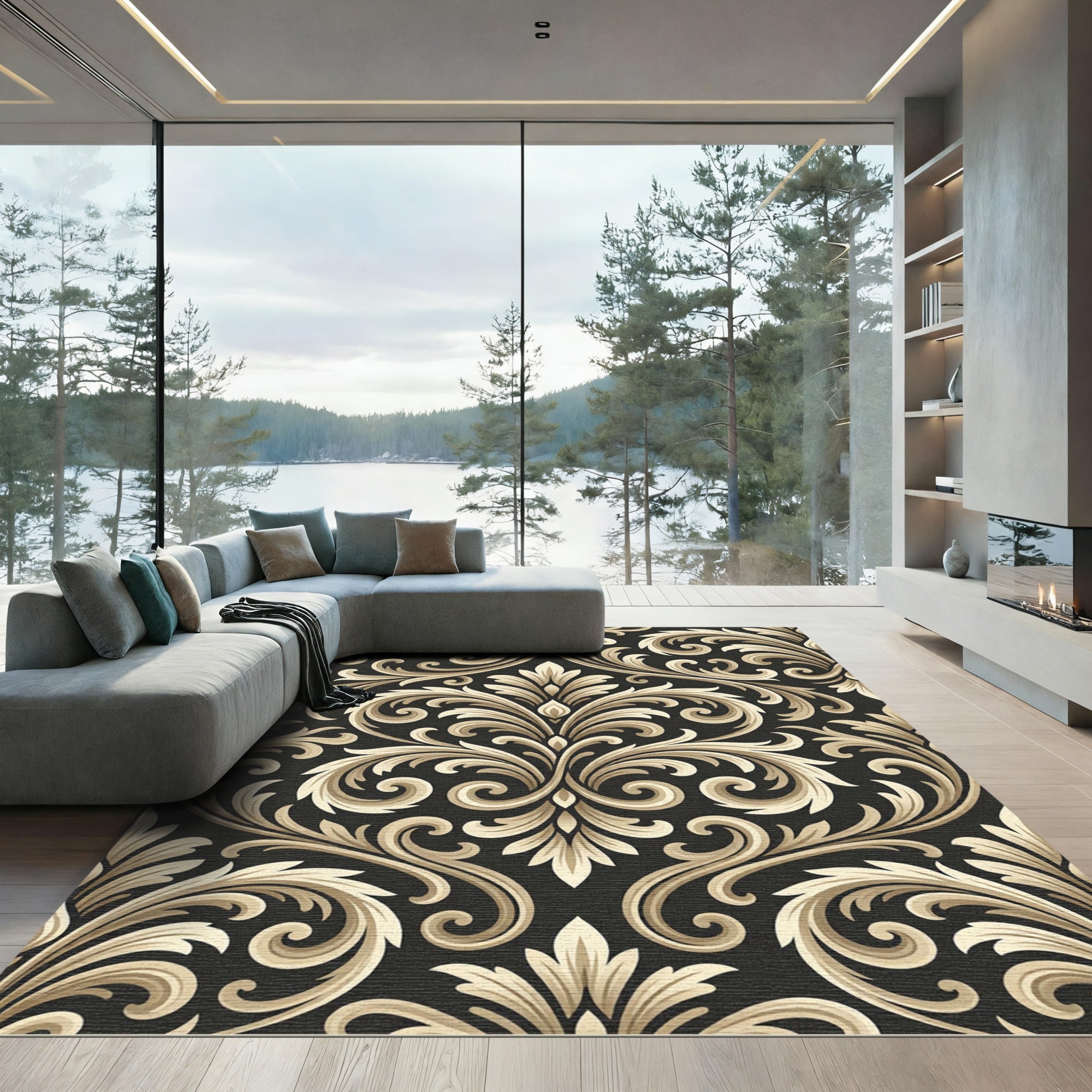 Black Gold Ornate Damask Scroll Rug