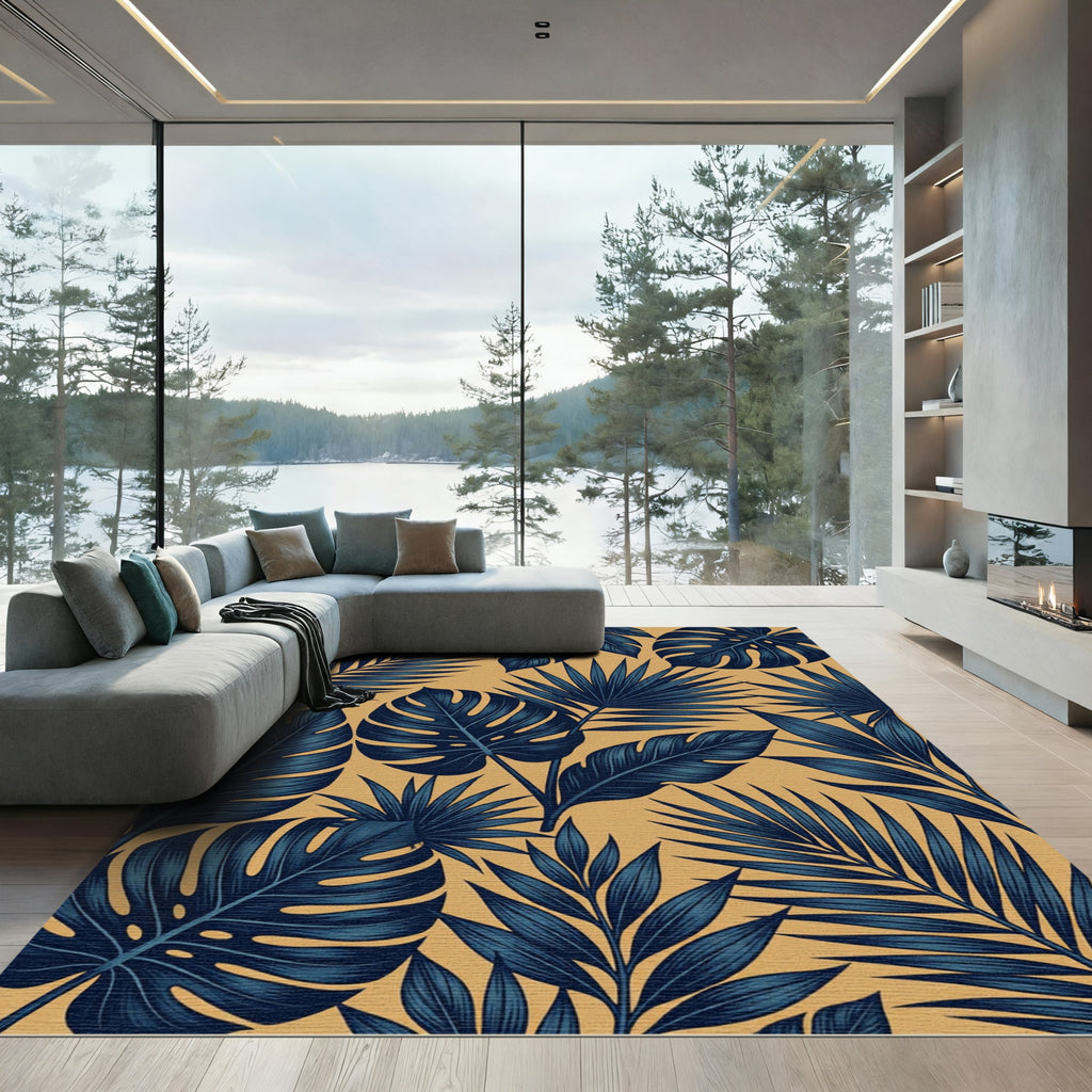 Navy Tropical Palm Leaf Gold Rug