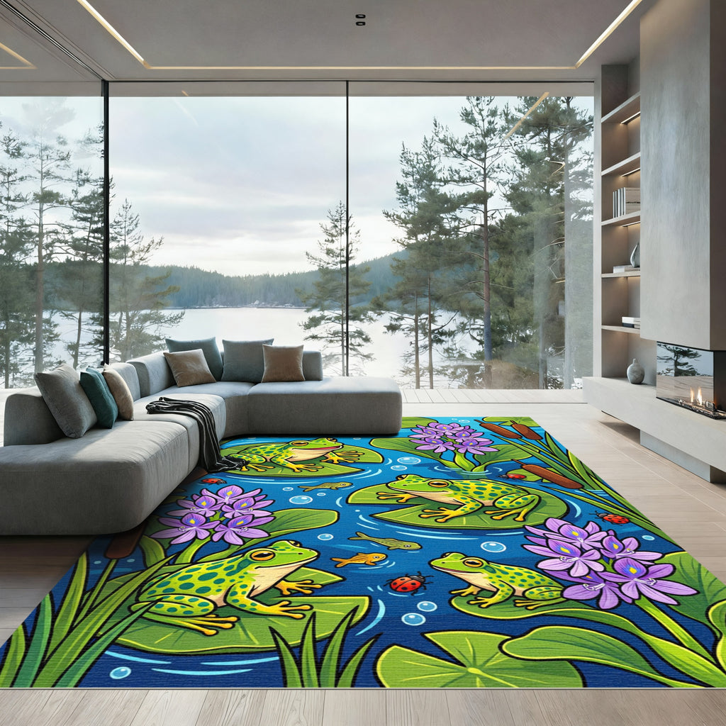 Whimsical Frogs and Lilies Aquatic Pond Rug