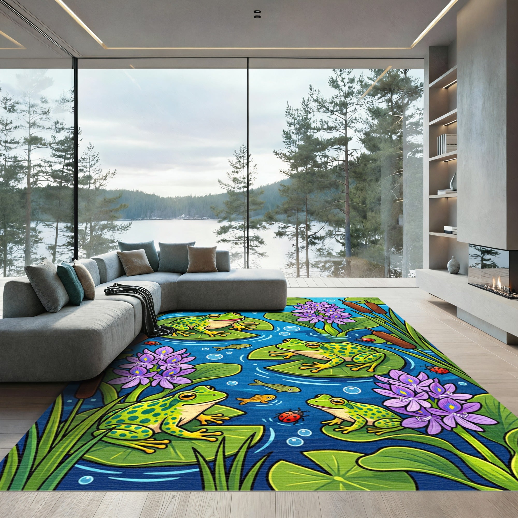Whimsical Frogs and Lilies Aquatic Pond Rug