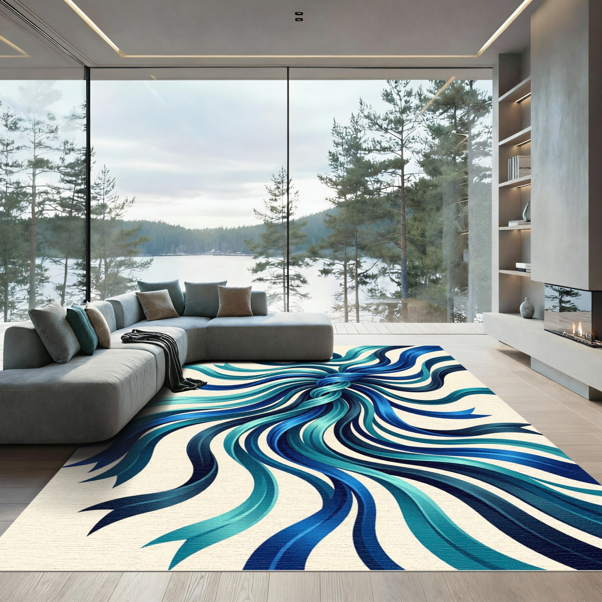 Fluid Cobalt and Teal Ribbon Swirl Rug