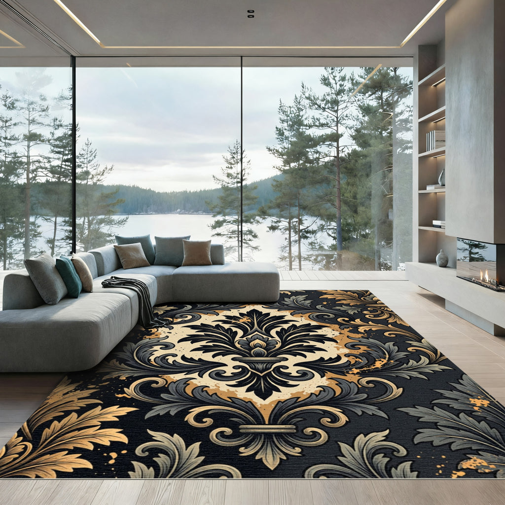 Ornate Black and Gold Damask Swirl Rug