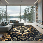 Ornate Black and Gold Damask Swirl Rug