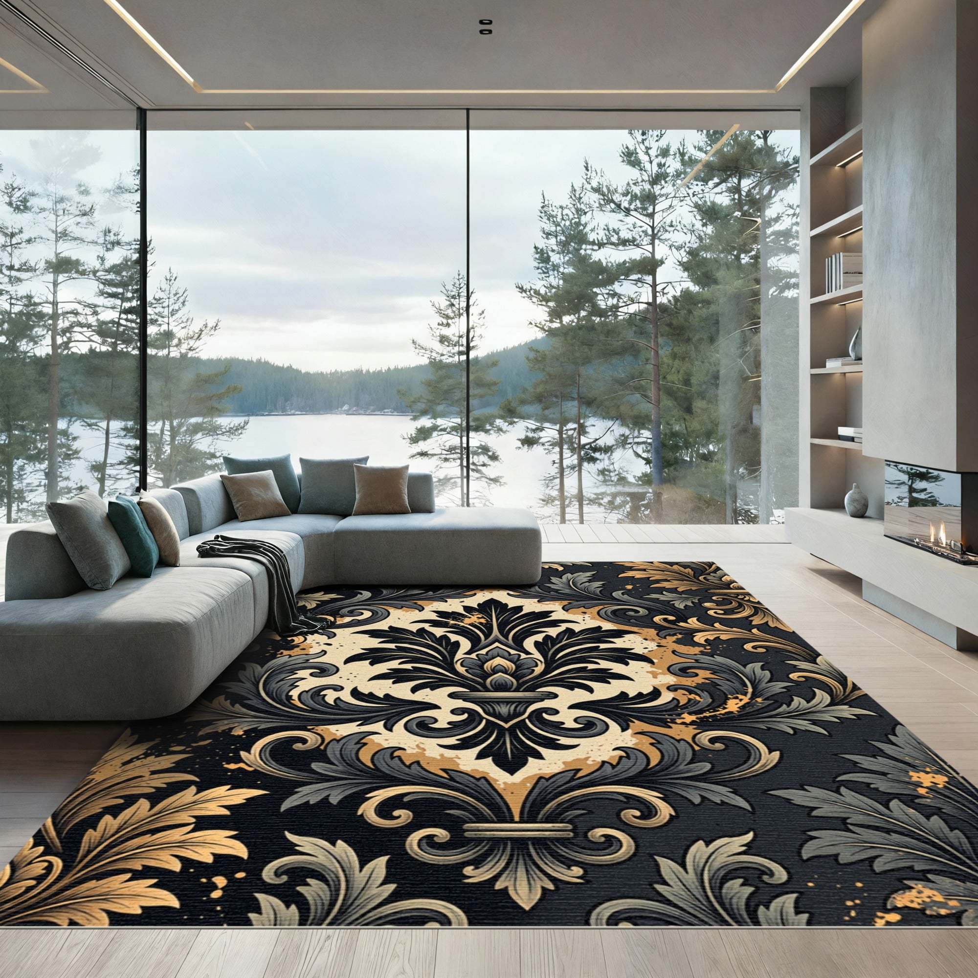 Ornate Black and Gold Damask Swirl Rug