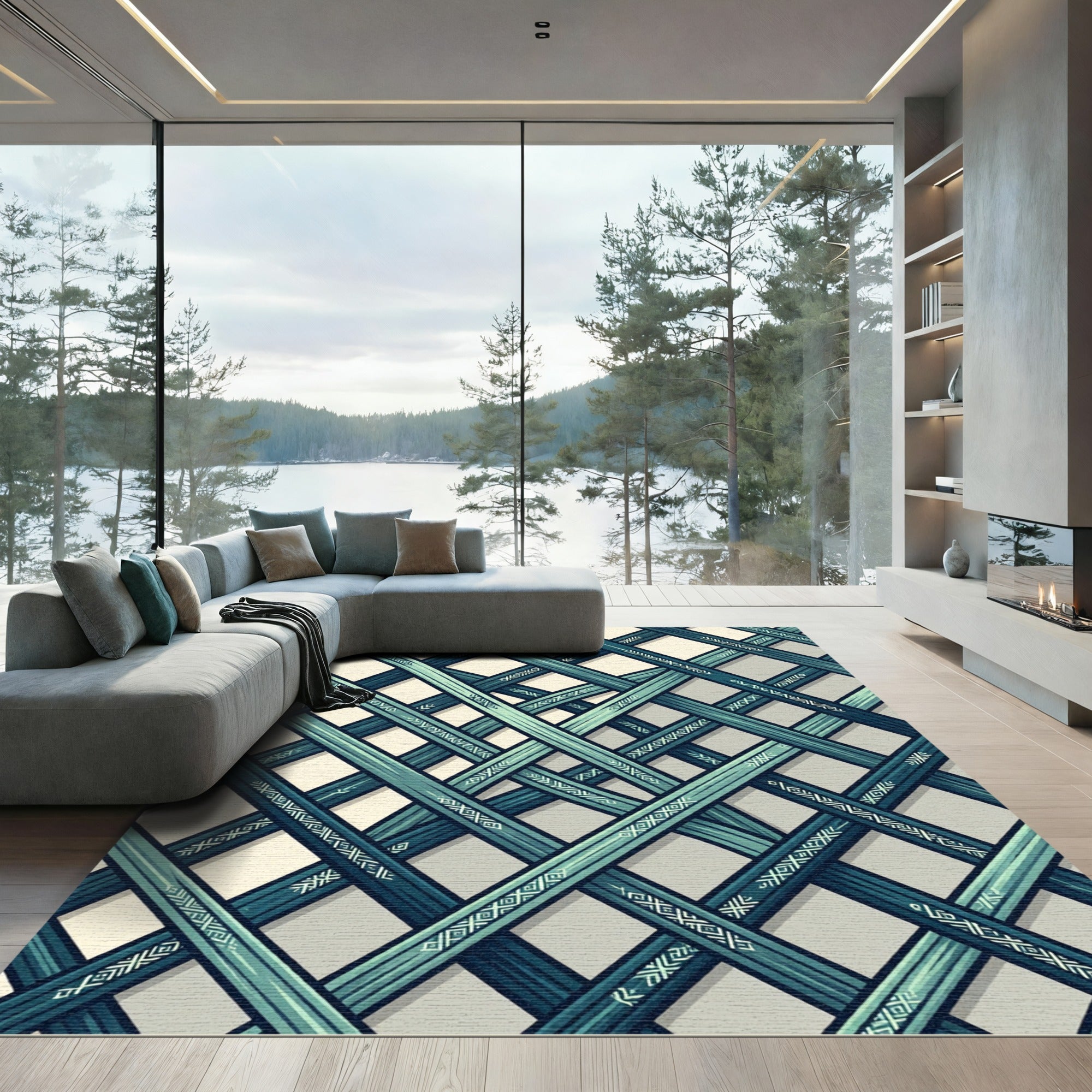 Teal Interwoven Geometric Lattice Texture Rug