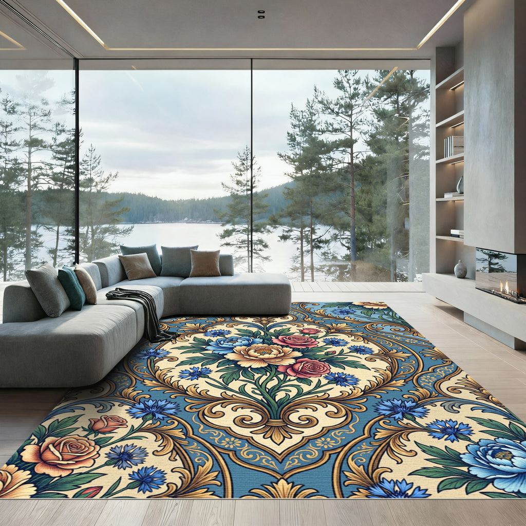 Damask Blue Floral Medallion Rug