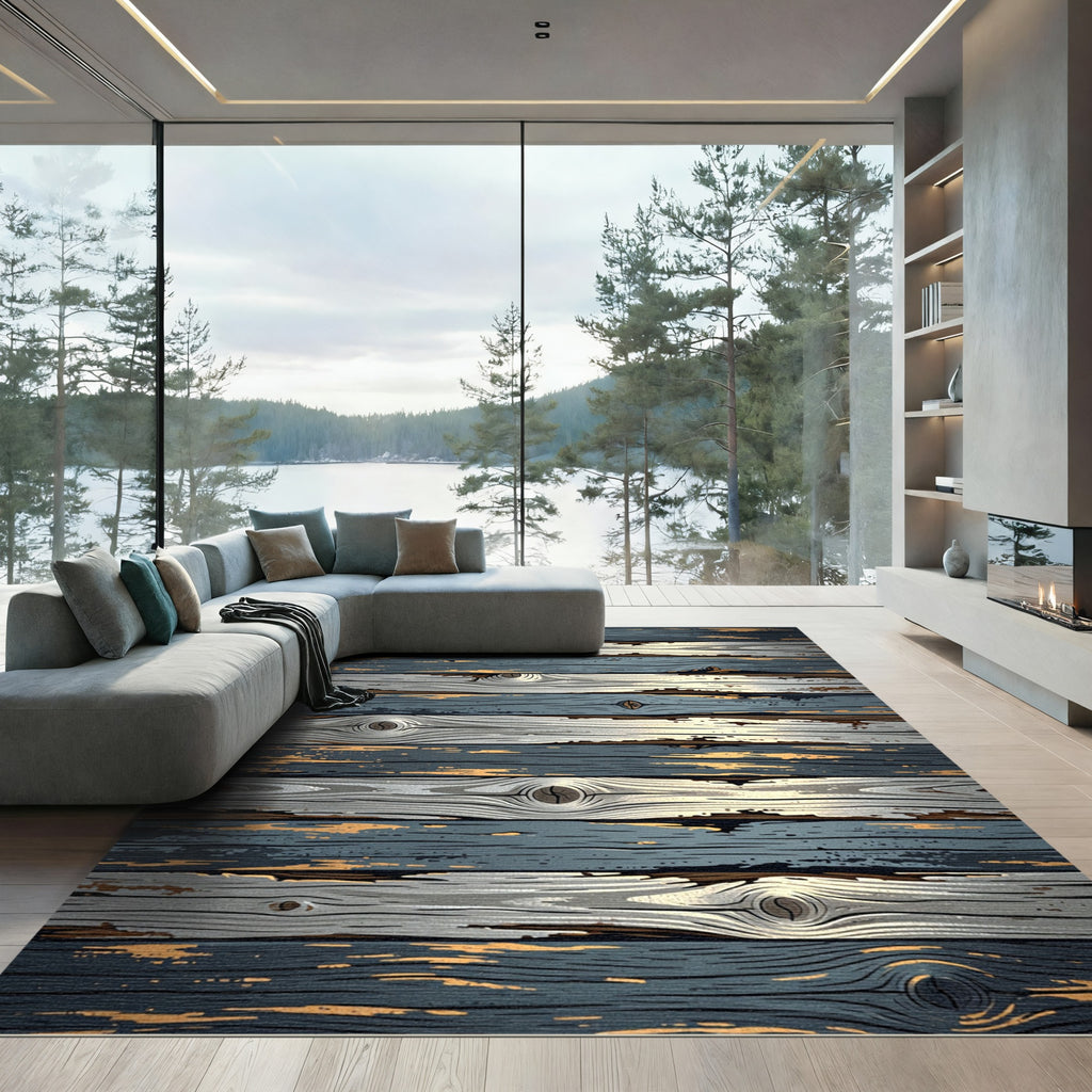 Weathered Navy and White Planks Rug