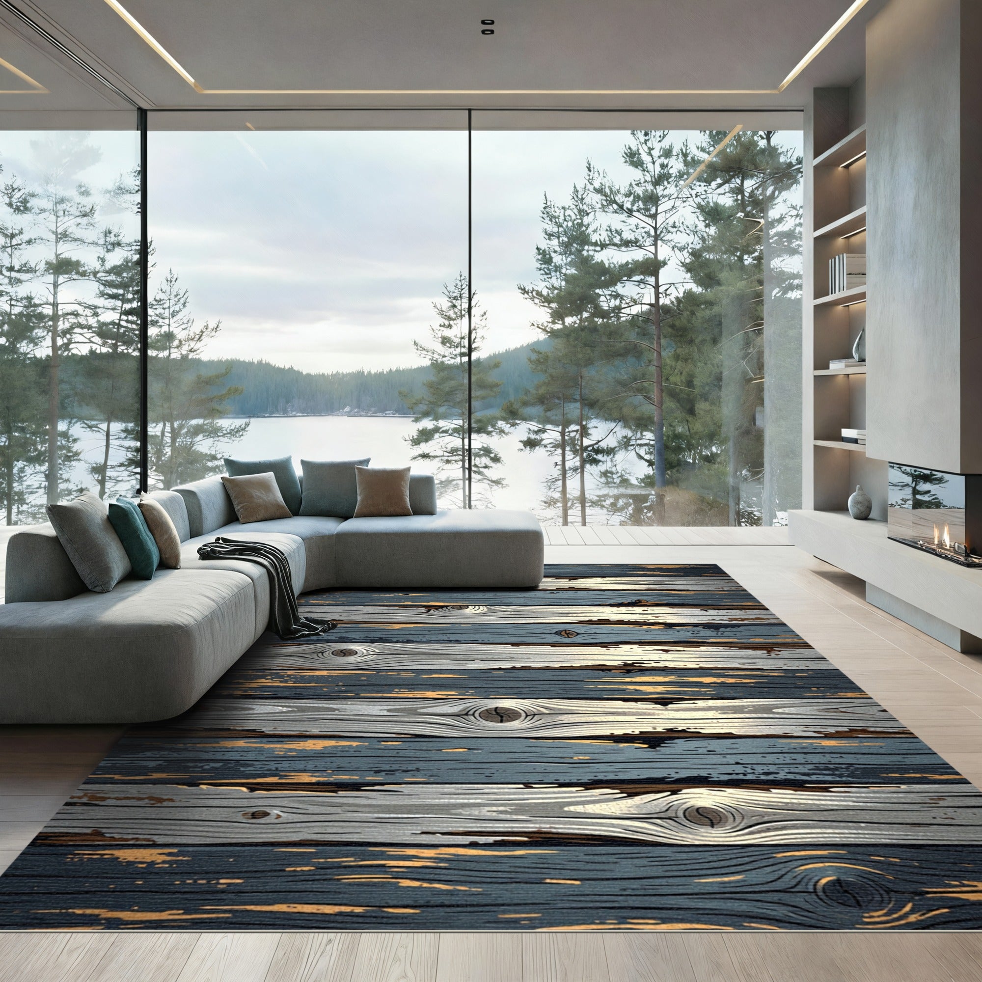 Weathered Navy and White Planks Rug