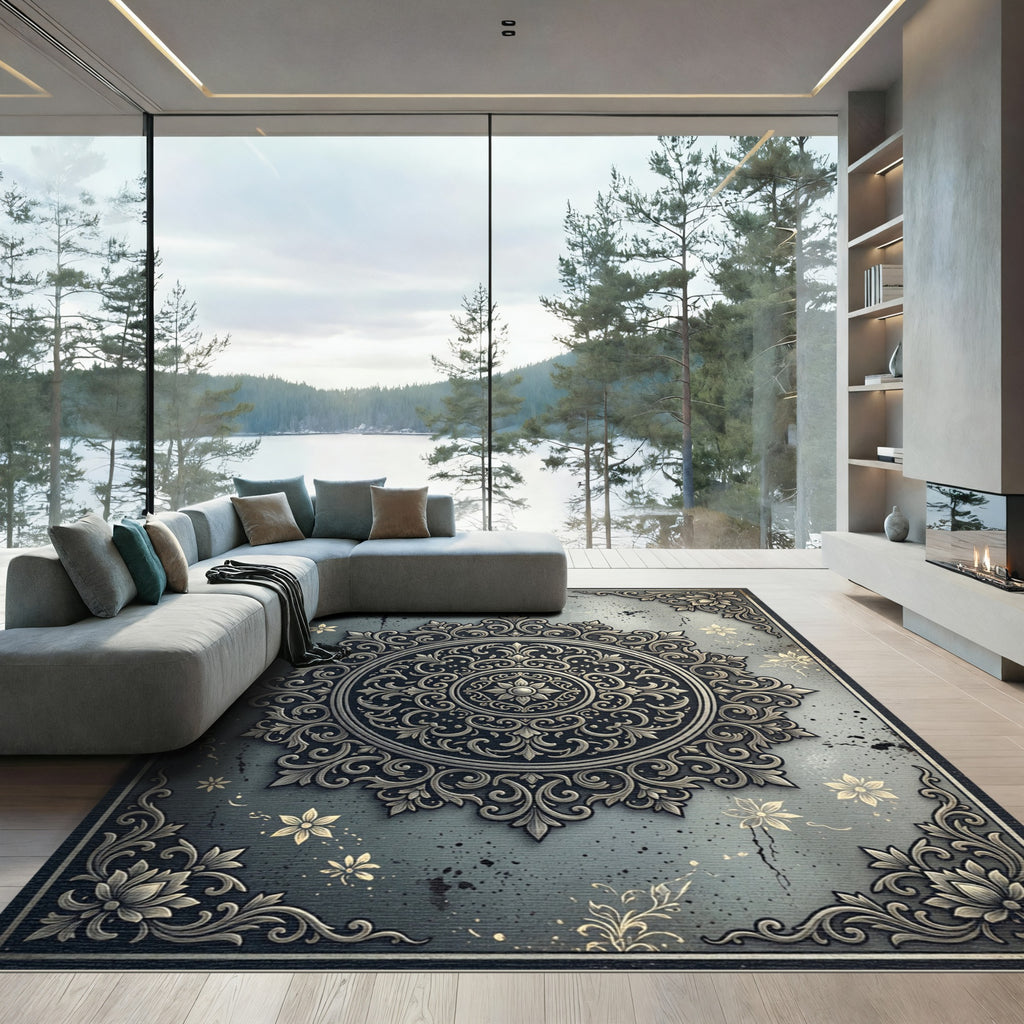 Silver Slate Ornate Floral Medallion Rug