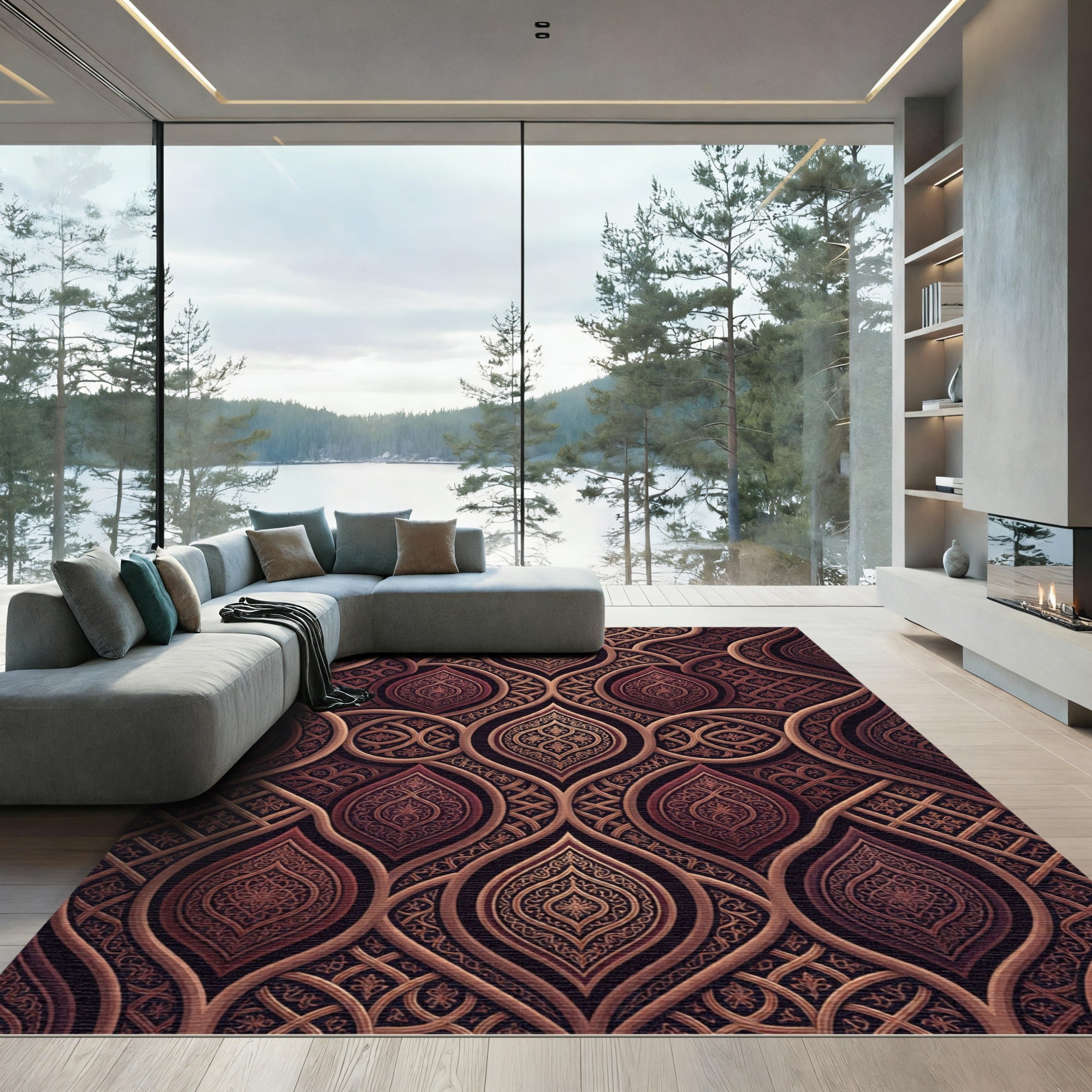 Ornate Copper Damask Curved Medallion Rug