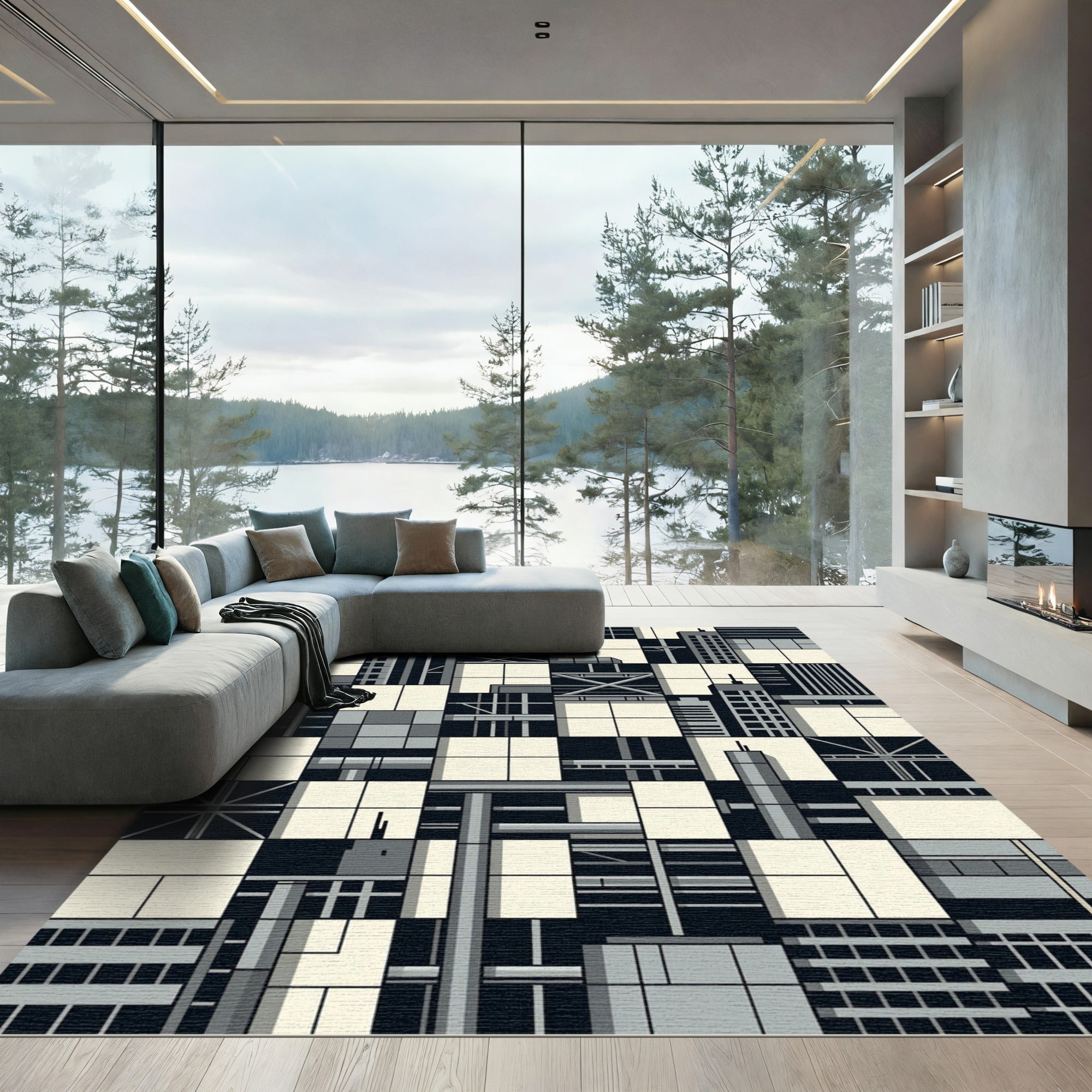 Monochromatic Cityscape Geometric Blocks Rug