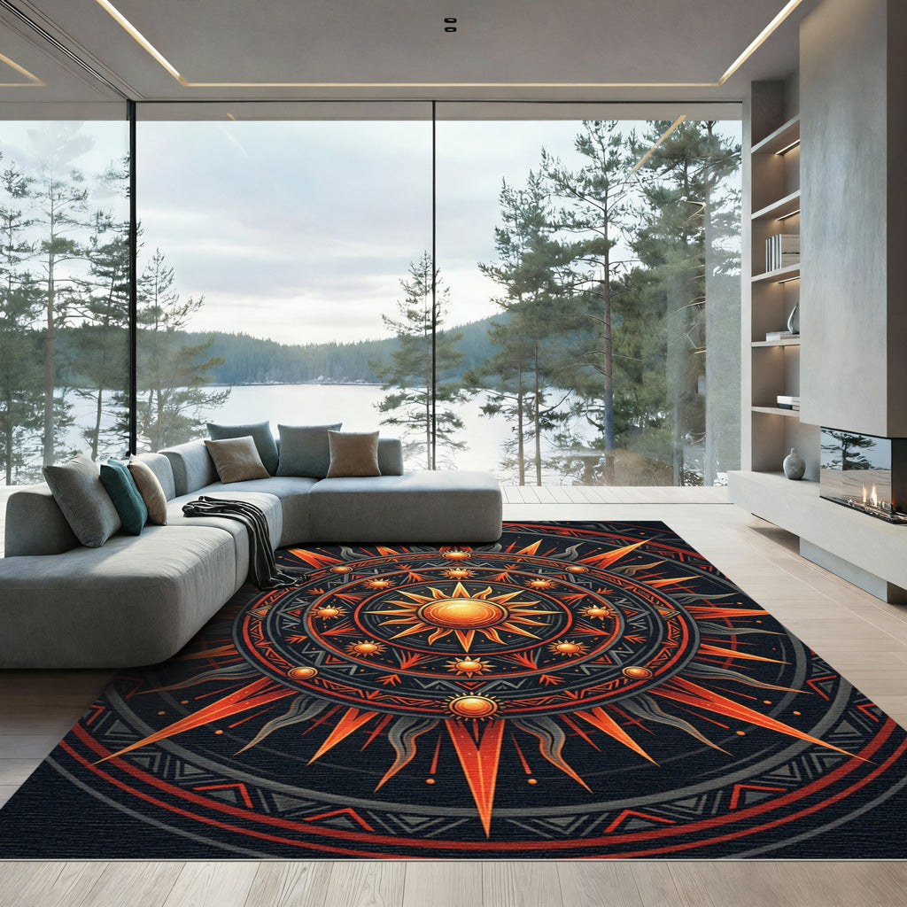 Celestial Radiant Gold Orange Sun Mandala Rug