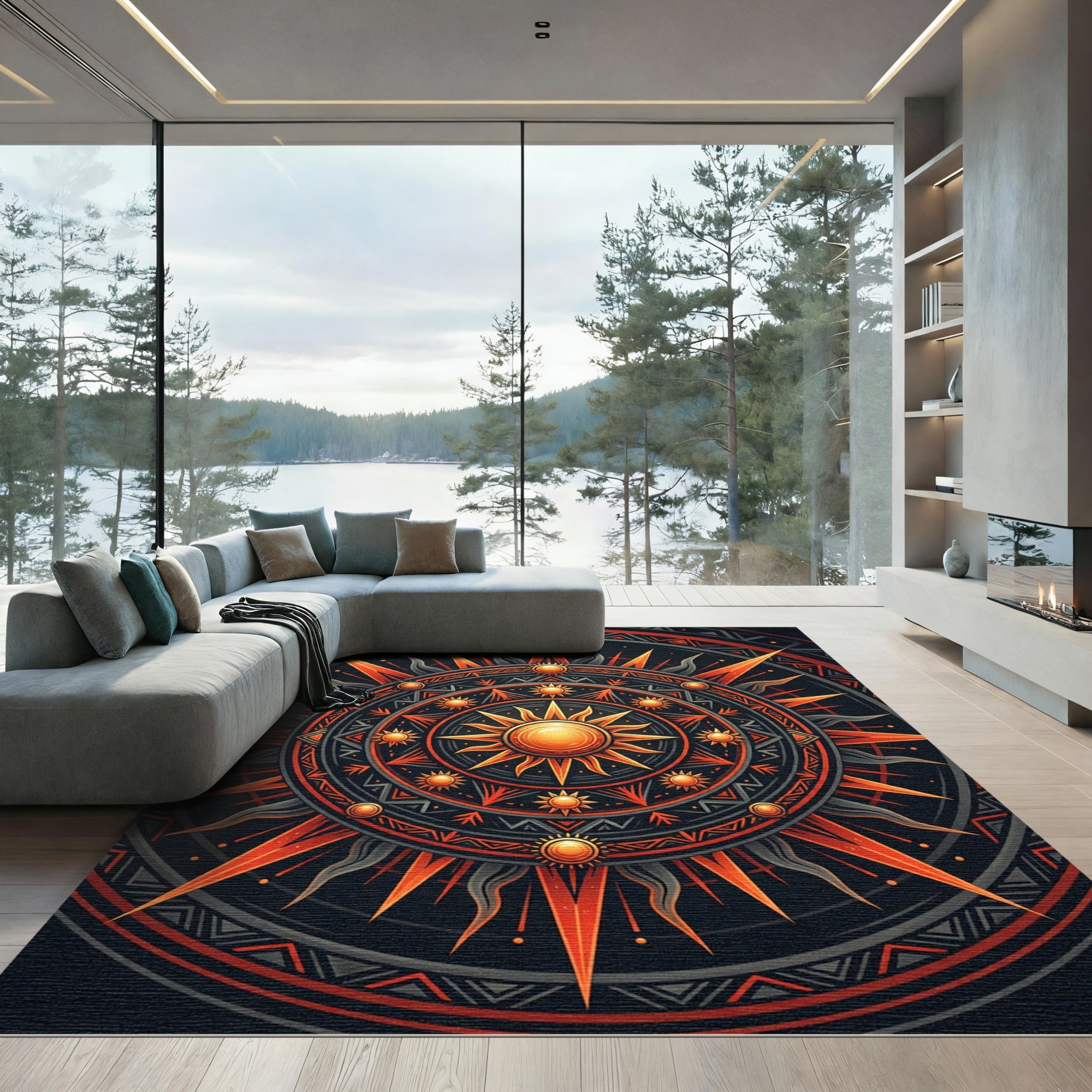 Celestial Radiant Gold Orange Sun Mandala Rug