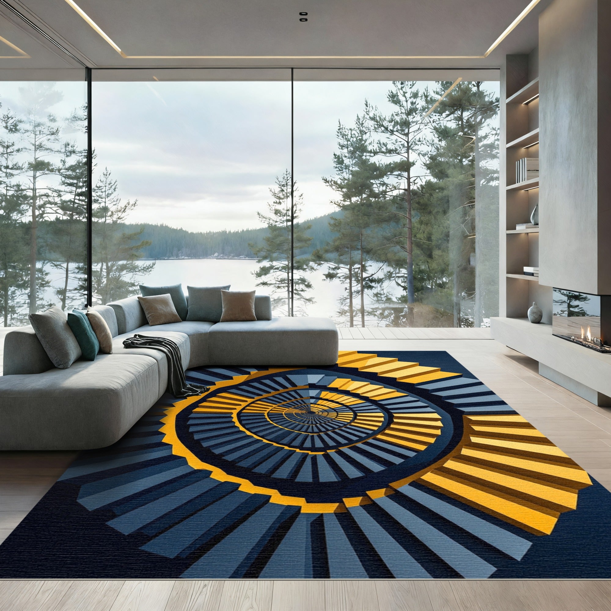 Golden Yellow Dark Blue Infinite Staircase Rug