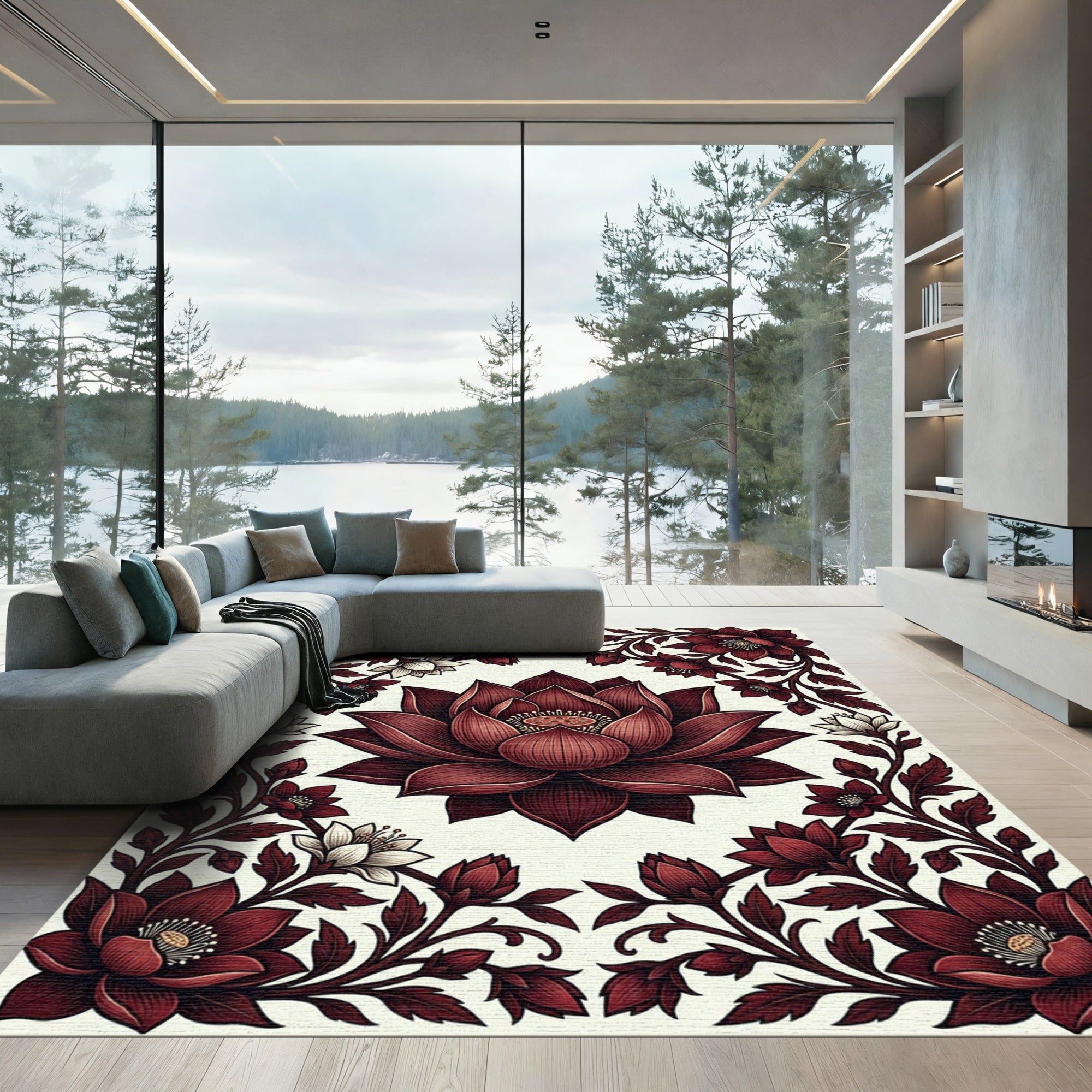 Deep Crimson Lotus Floral Scroll Rug