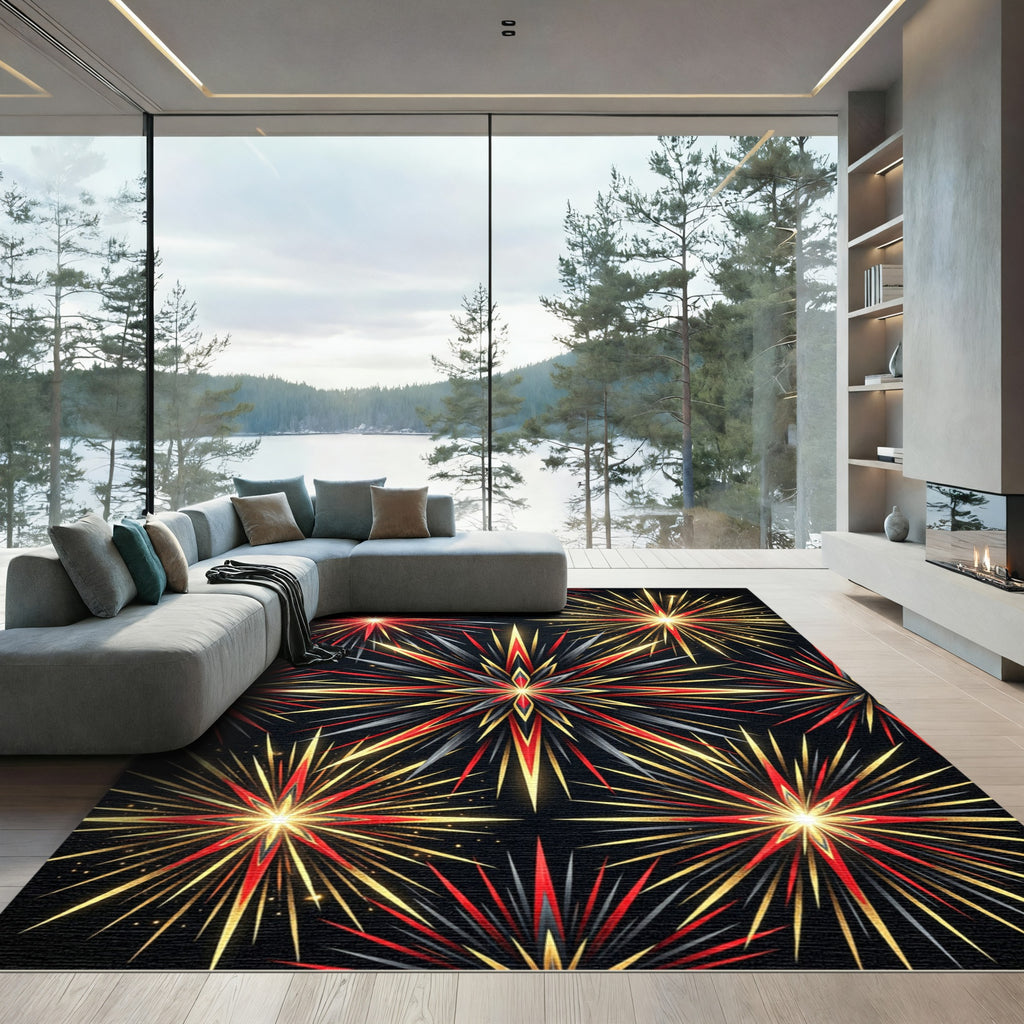Radiant Red Black Gold Starburst Rug