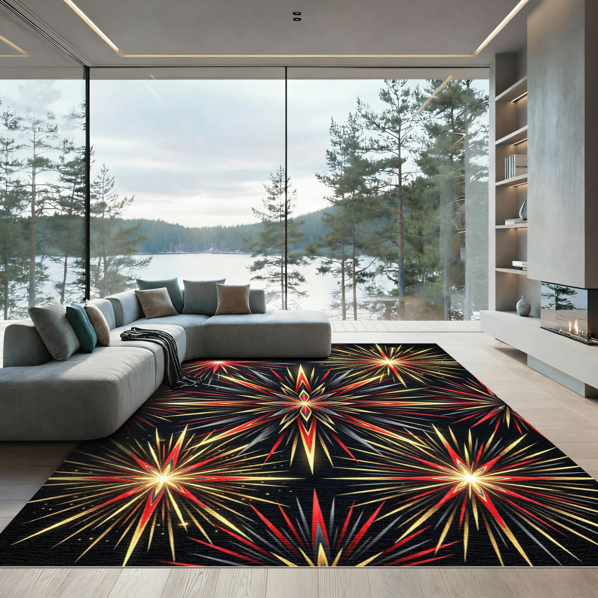 Radiant Red Black Gold Starburst Rug