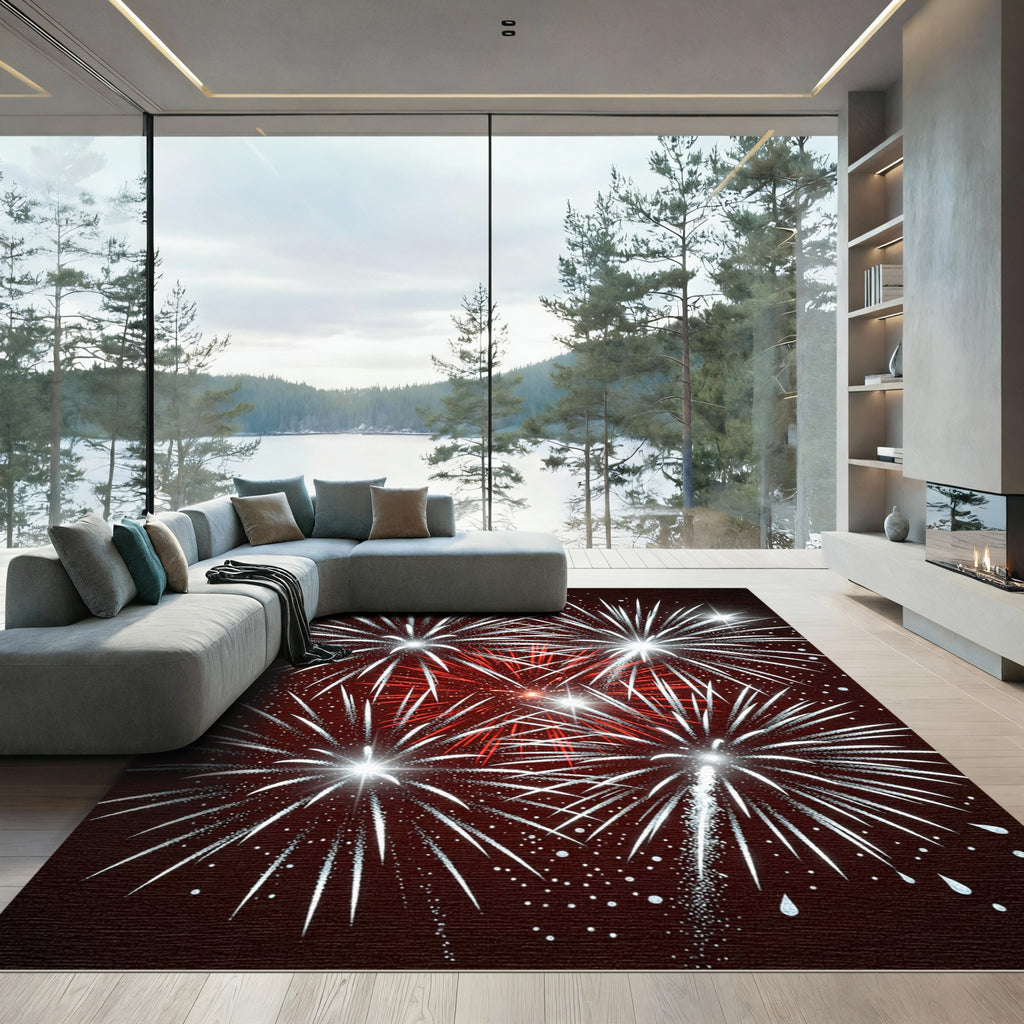 Red White Burst Celebration Fireworks Rug