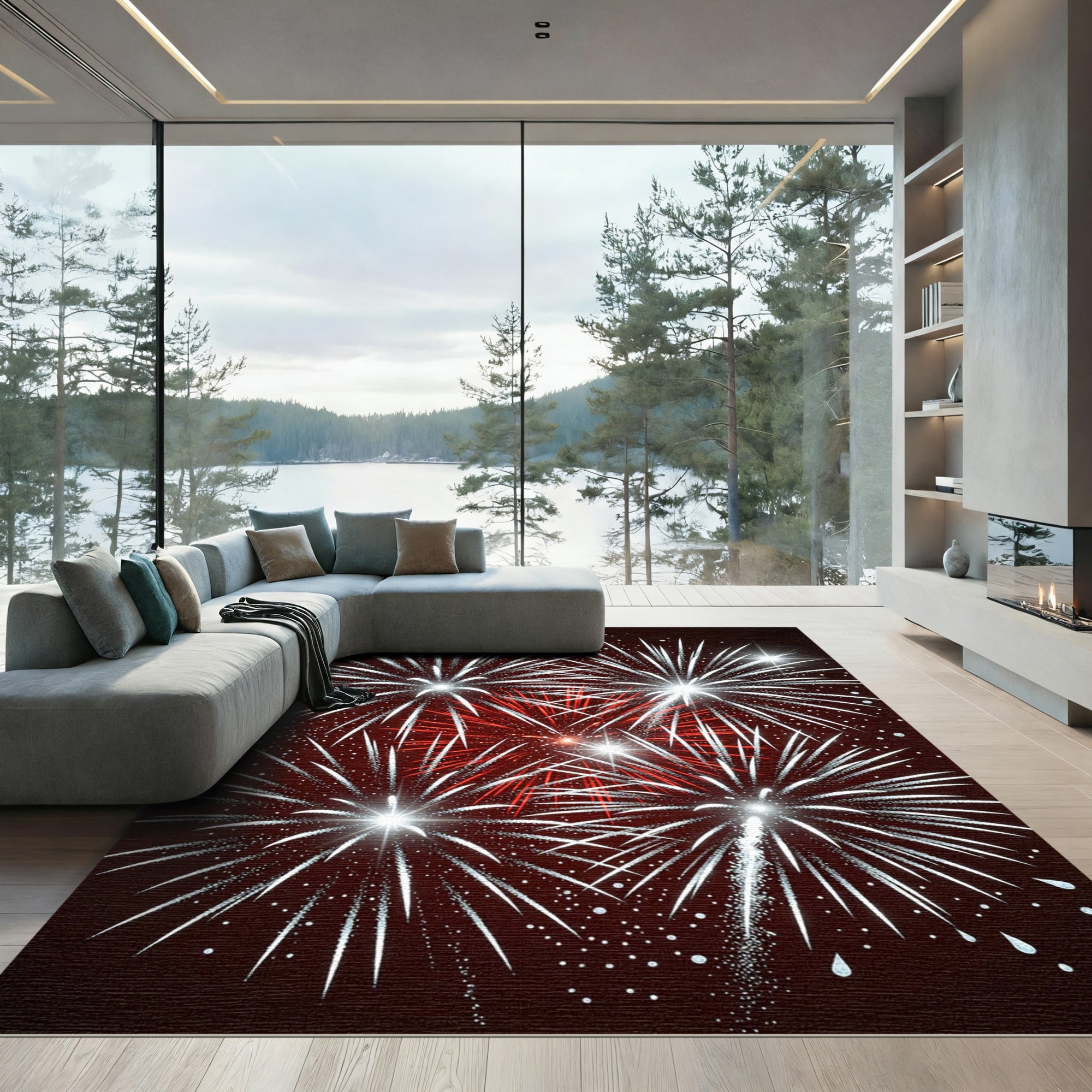 Red White Burst Celebration Fireworks Rug