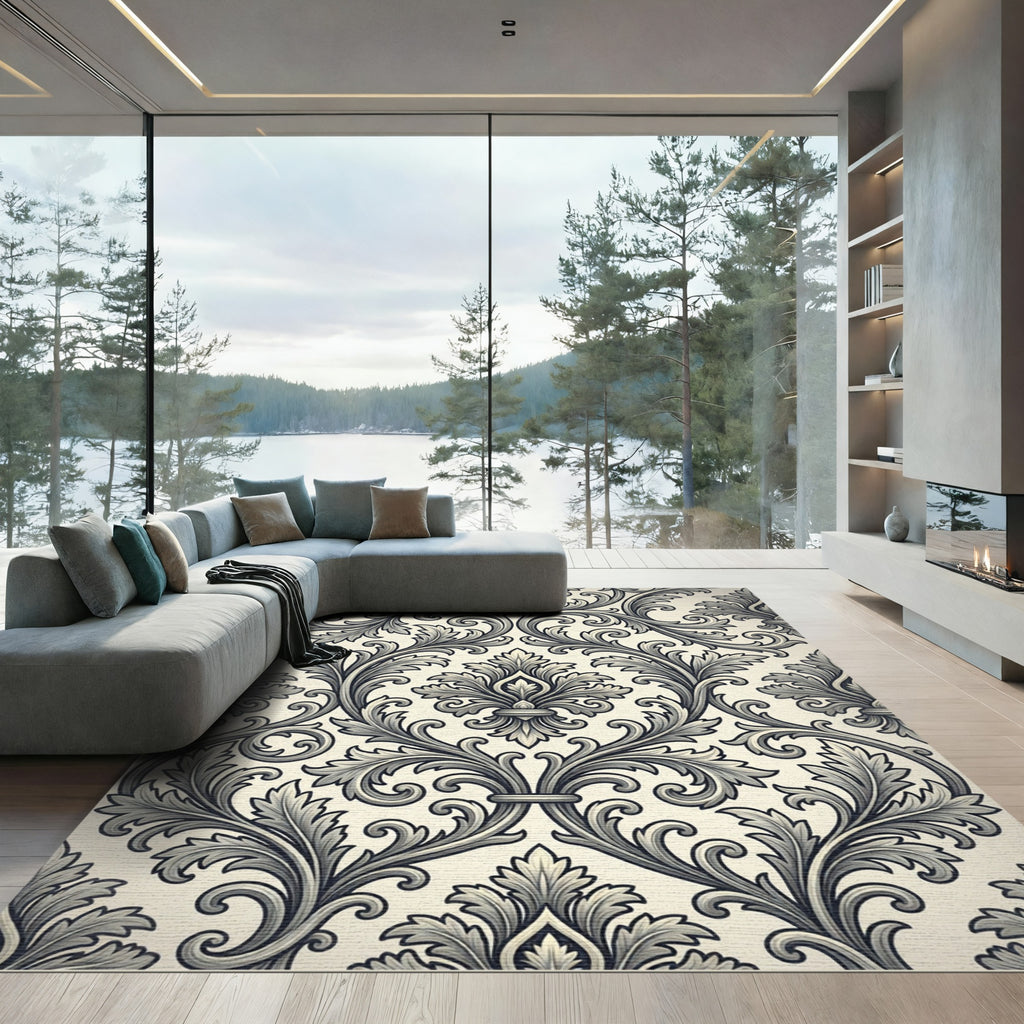 Ornate Black and White Acanthus Scroll Rug