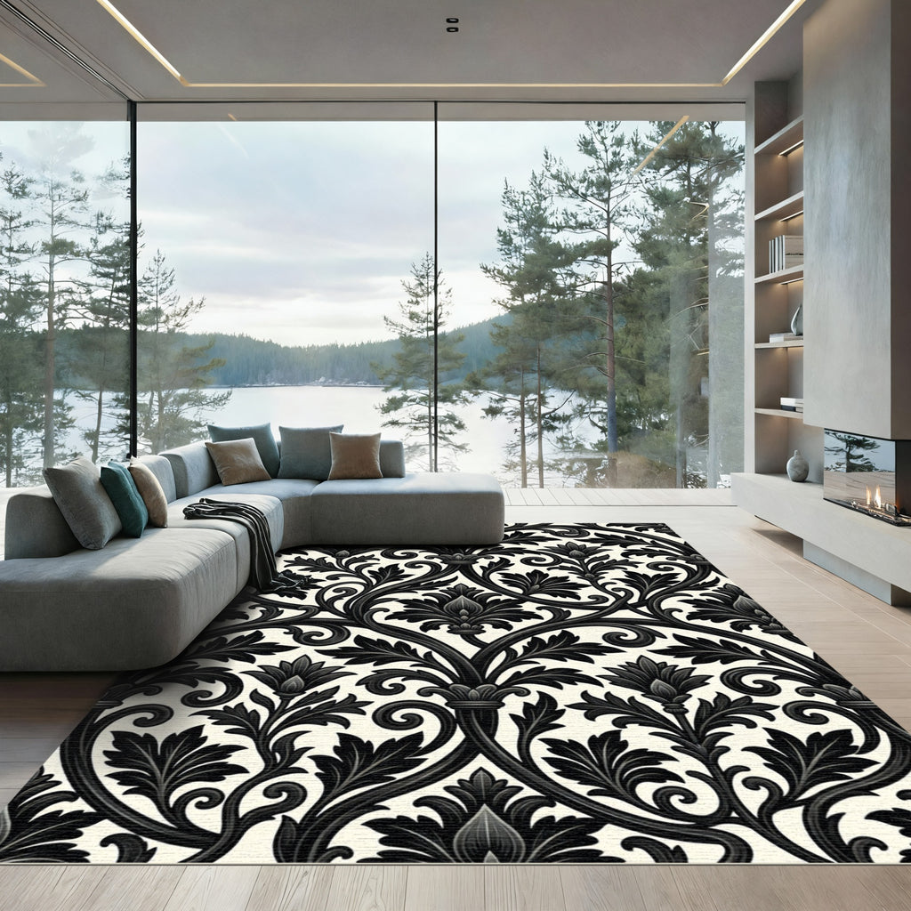 Black White Damask Acanthus Floral Scroll Rug