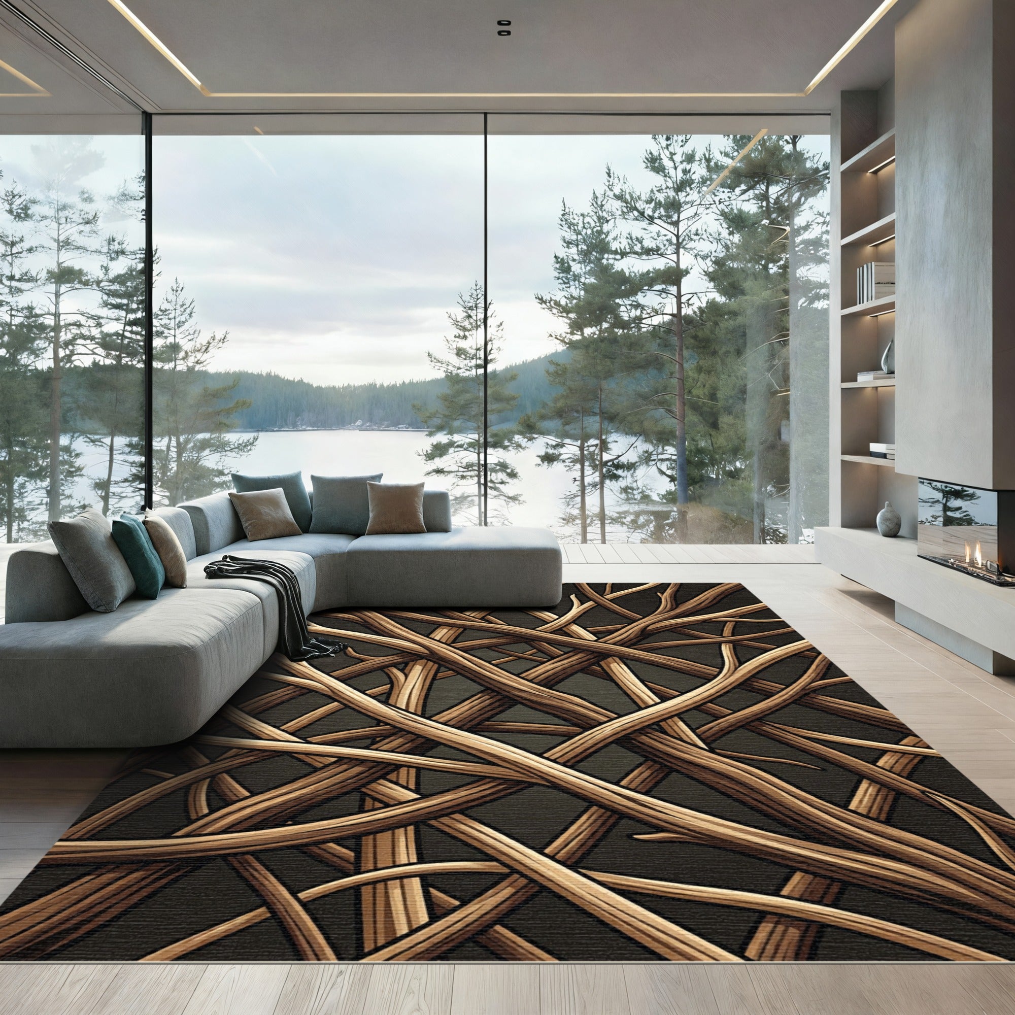 Brown Twig Intertwine Woodland Pattern Rug