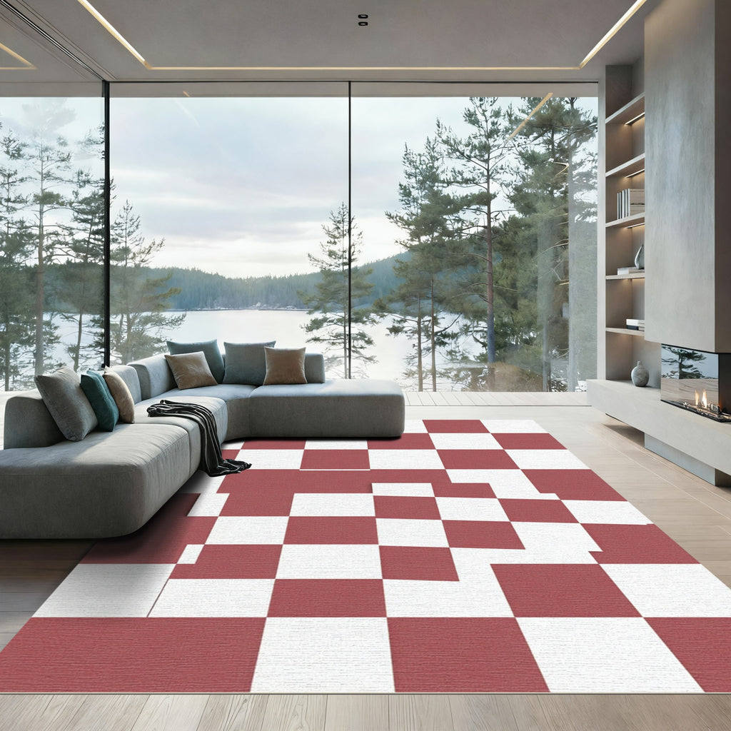 Distorted Crimson and White Checkerboard Rug