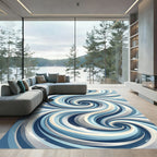 Blue Abstract Swirling Wave Cream Rug
