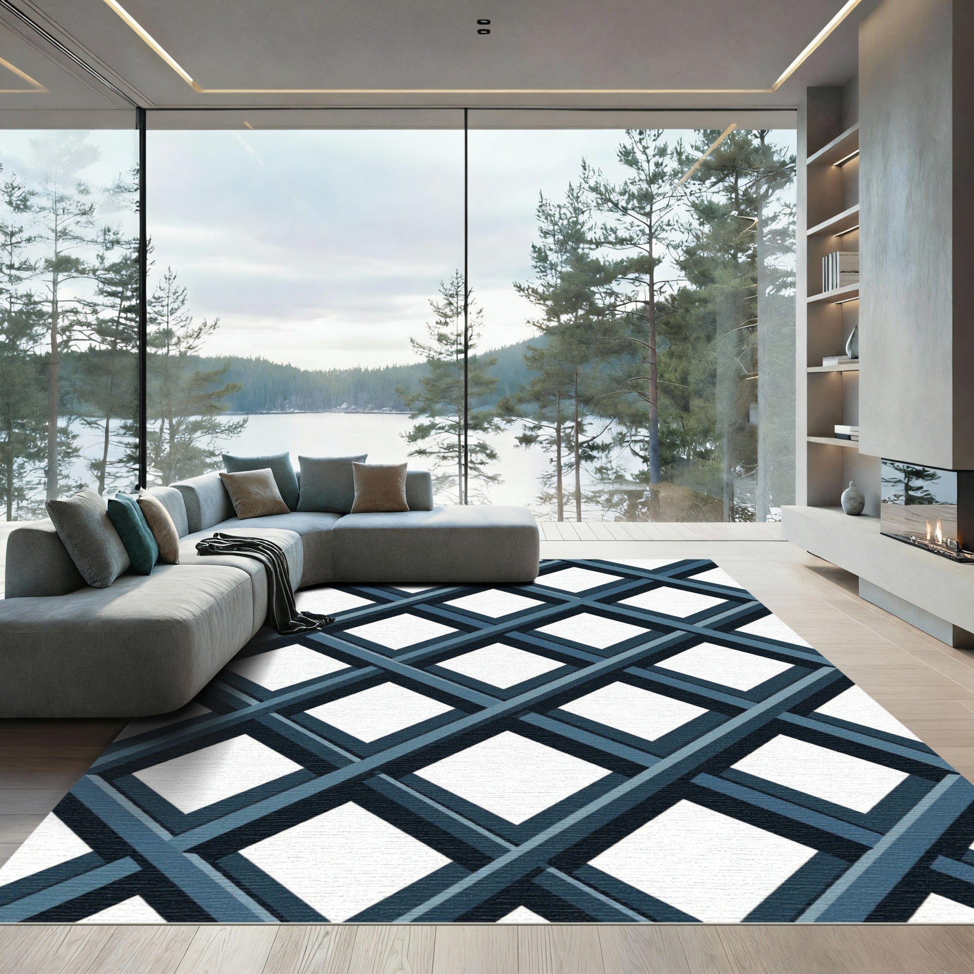 Navy Blue Intersecting Grid Lattice Rug