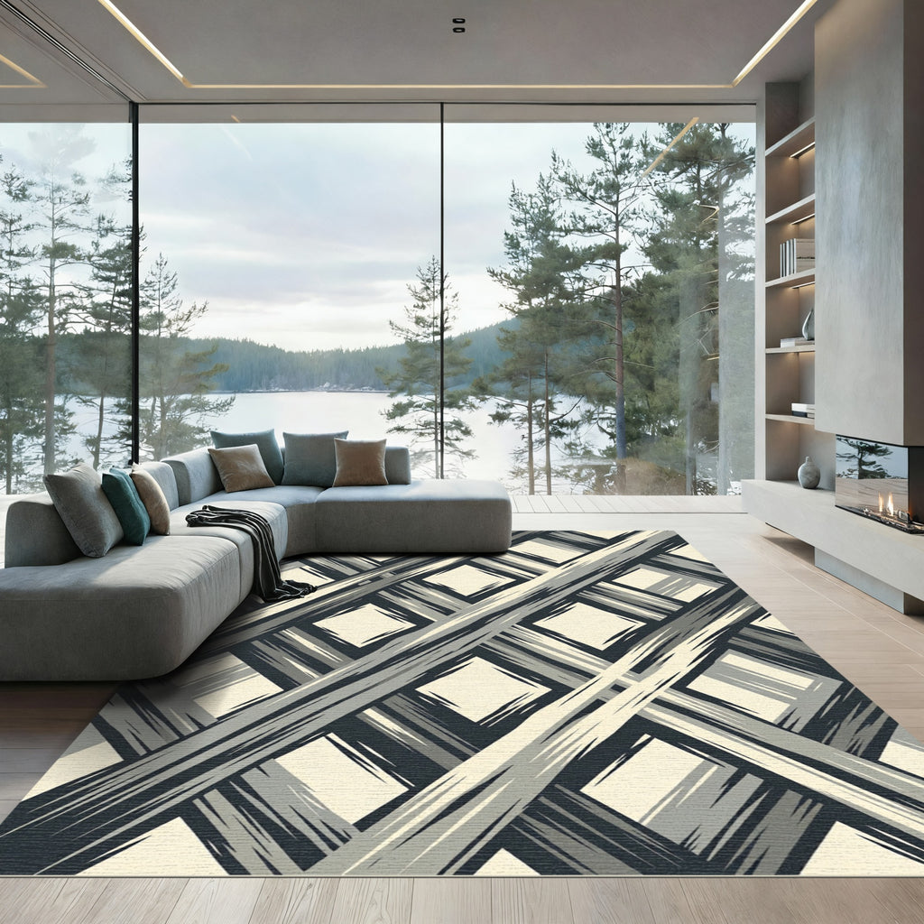 Grayscale Diagonal Brushstroke Diamond Rug